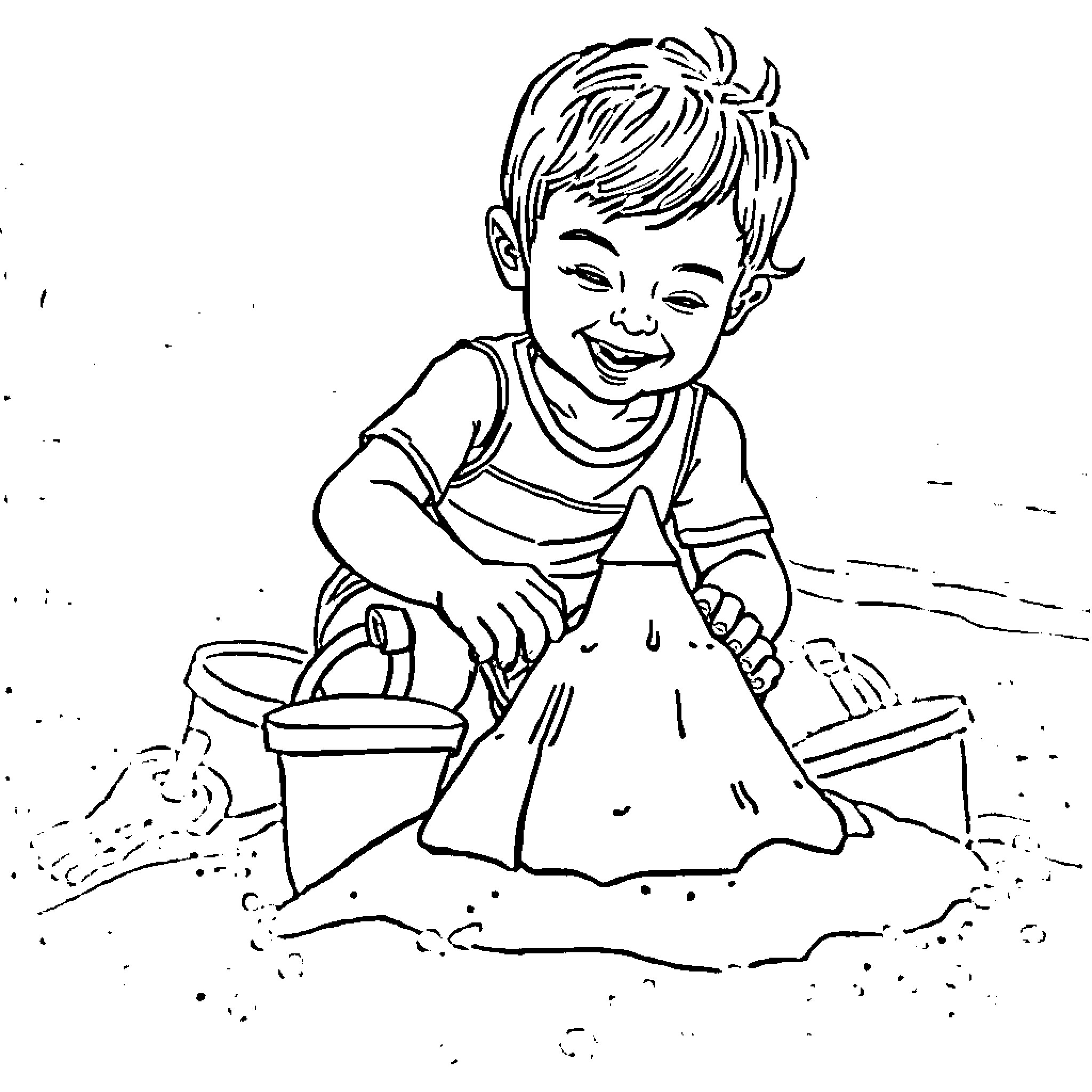 Beach fun with smiling child playing in sand Coloring Page (free black-and-white line drawing printable PDF for all, from beginners to advanced learners, including children, teens, adults, and seniors)