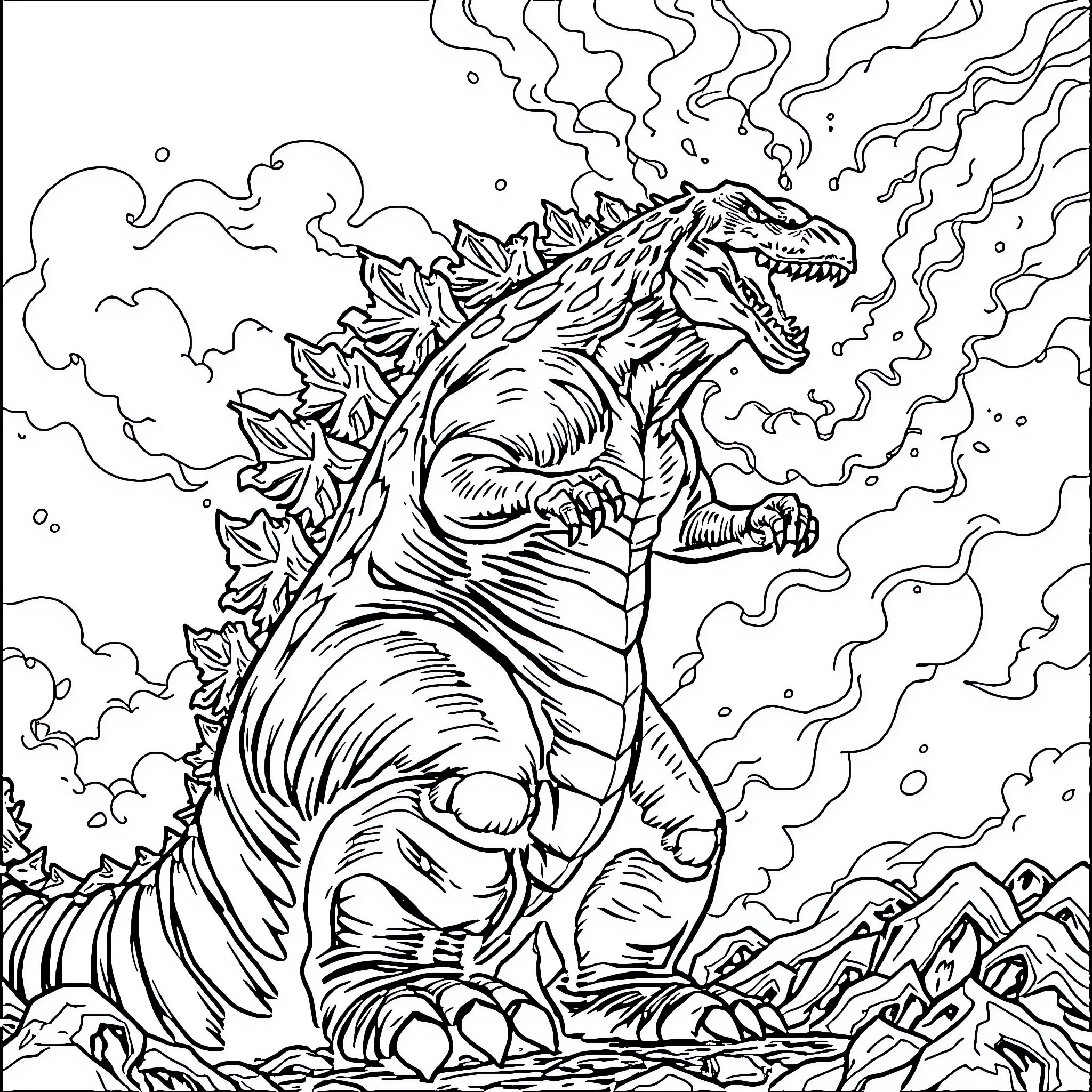 Godzilla Rampaging Through the City Coloring Page (free black-and-white line drawing printable PDF for all, from beginners to advanced learners, including children, teens, adults, and seniors)