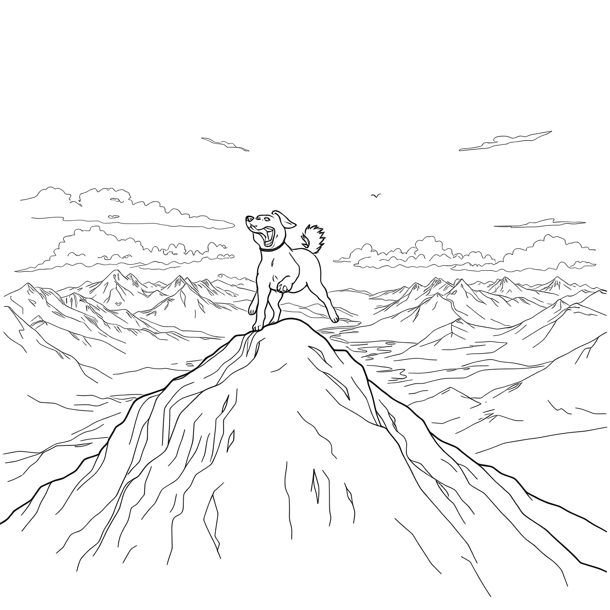 Dog standing tall on a mountain peak Coloring Page (free black-and-white line drawing printable PDF for all, from beginners to advanced learners, including children, teens, adults, and seniors)