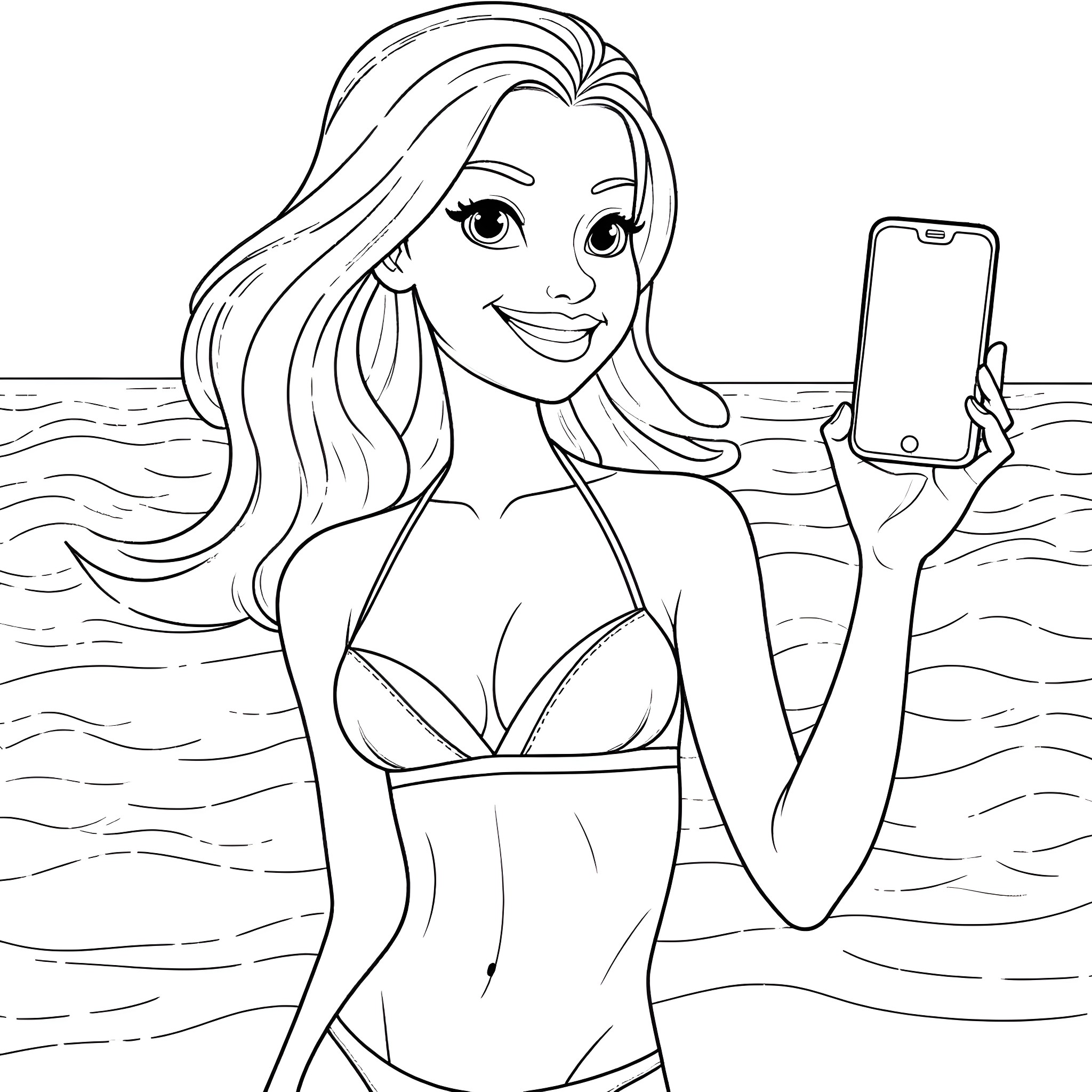Melonie Mac Selfie by the Beach Coloring Page (free black-and-white line drawing printable PDF for all, from beginners to advanced learners, including children, teens, adults, and seniors)