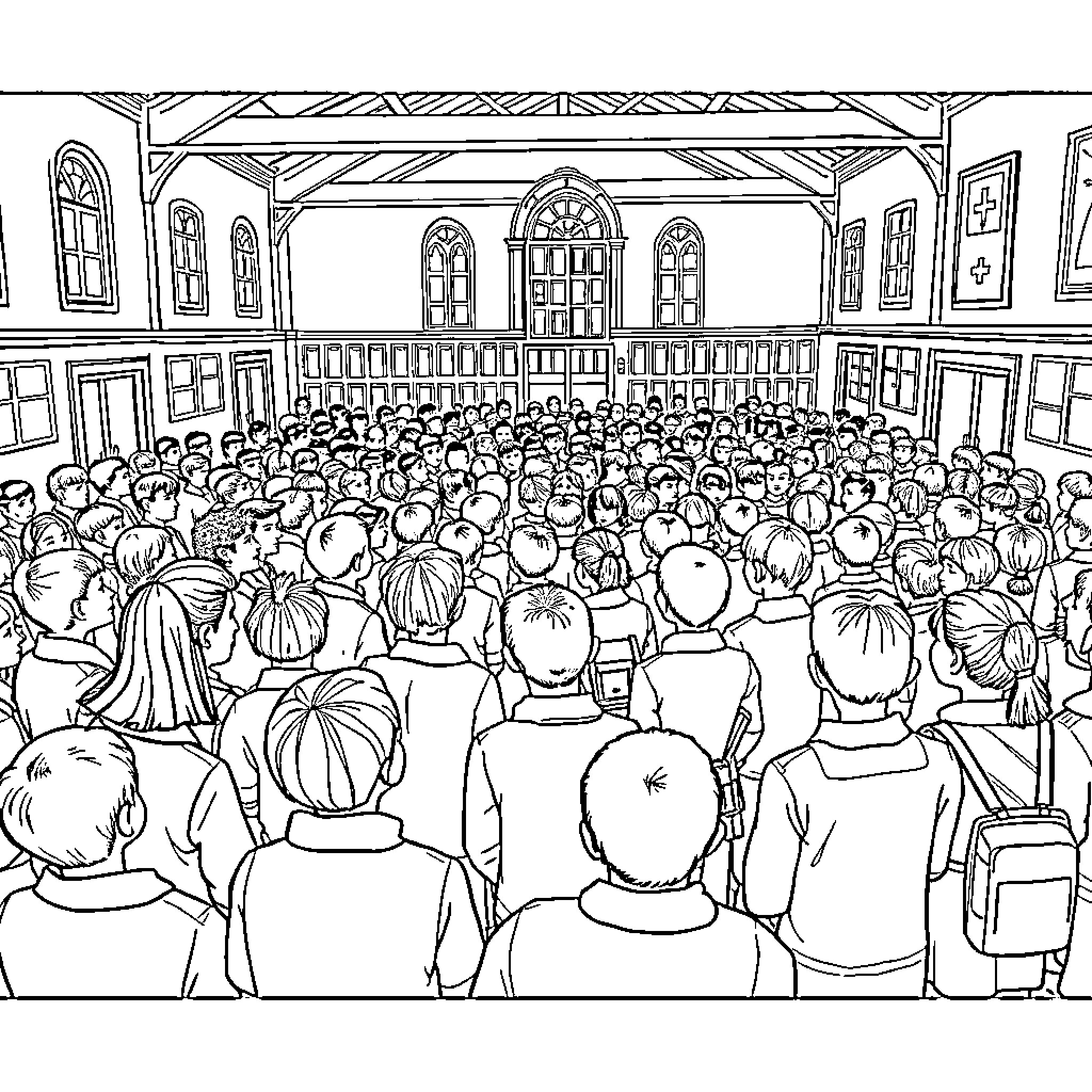Pupil Gathering in Historic Auditorium Coloring Page (free black-and-white line drawing printable PDF for all, from beginners to advanced learners, including children, teens, adults, and seniors)