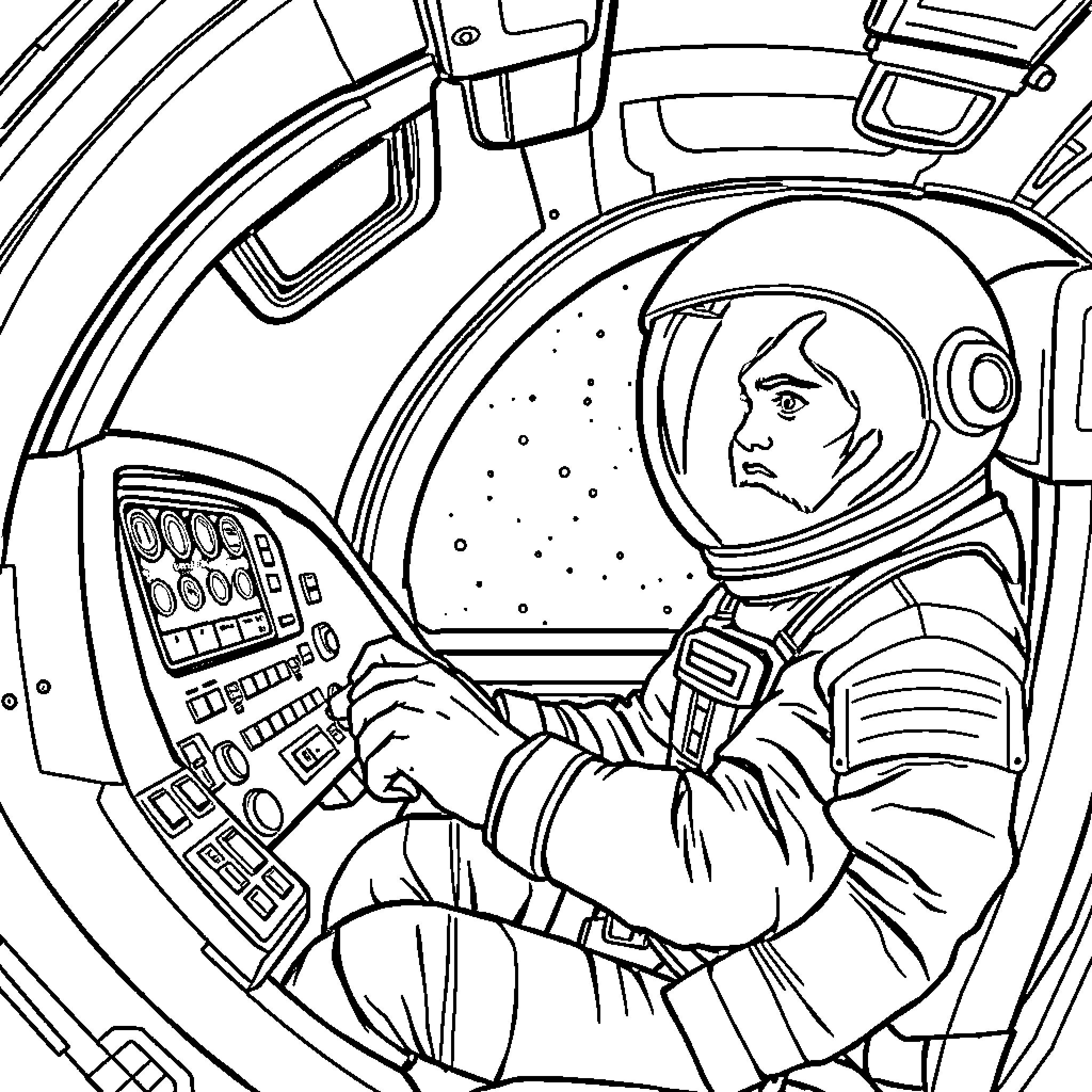 Astronaut operating spacecraft controls in space Coloring Page (free black-and-white line drawing printable PDF for all, from beginners to advanced learners, including children, teens, adults, and seniors)