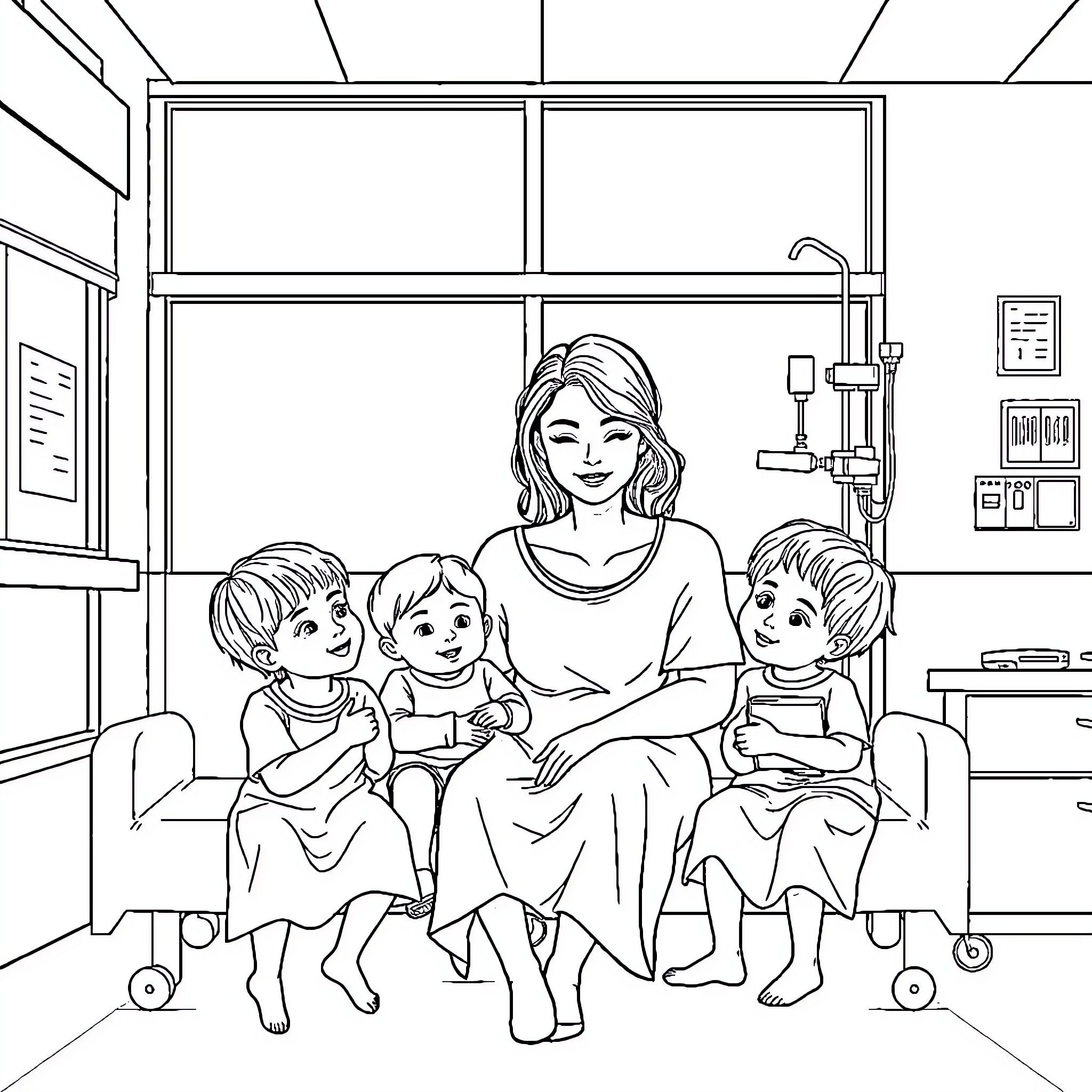 Mother comforting children in hospital room Coloring Page (free black-and-white line drawing printable PDF for all, from beginners to advanced learners, including children, teens, adults, and seniors)