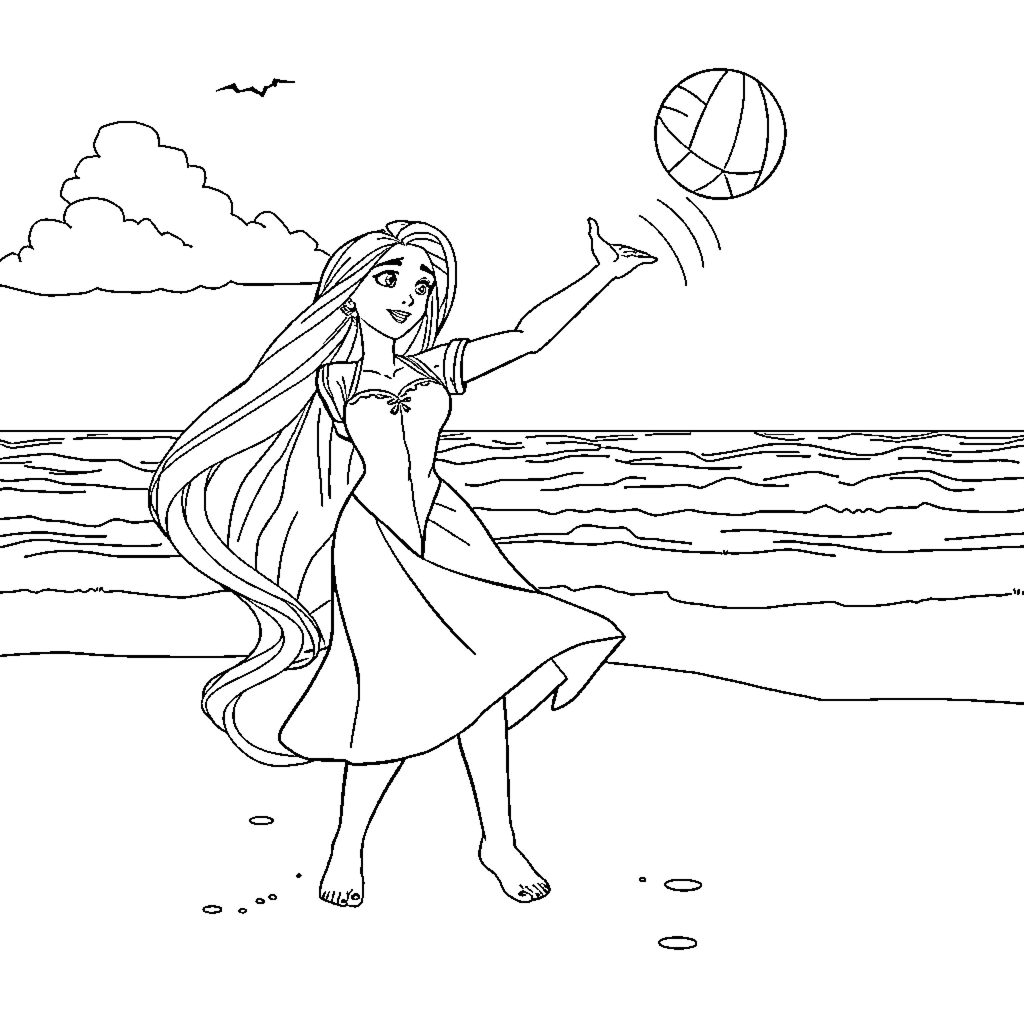 Princess Enjoying the Beach with a Ball Coloring Page (free black-and-white line drawing printable PDF for all, from beginners to advanced learners, including children, teens, adults, and seniors)