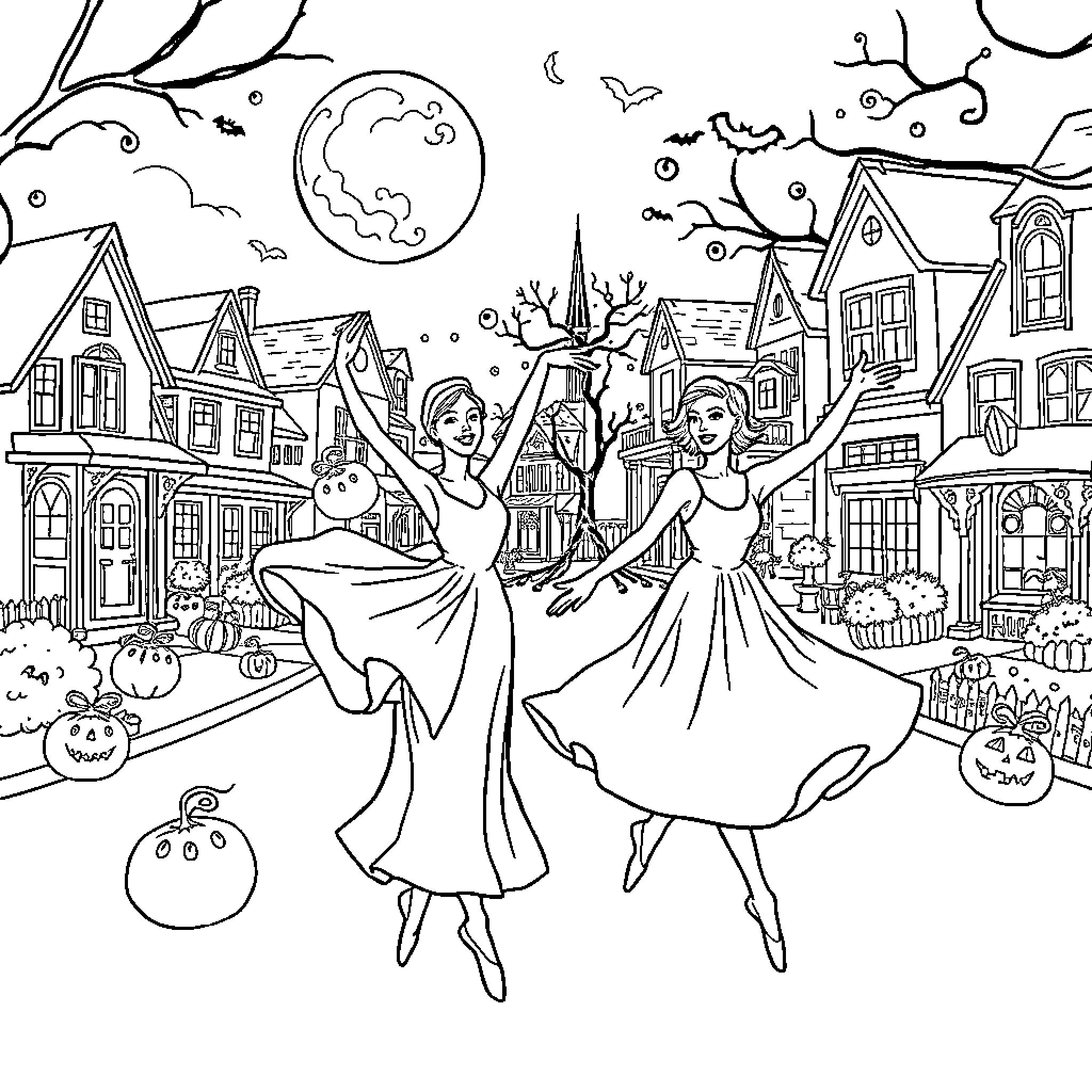 Ballet Dancers Performing in Spooky Town Coloring Page (free black-and-white line drawing printable PDF for all, from beginners to advanced learners, including children, teens, adults, and seniors)