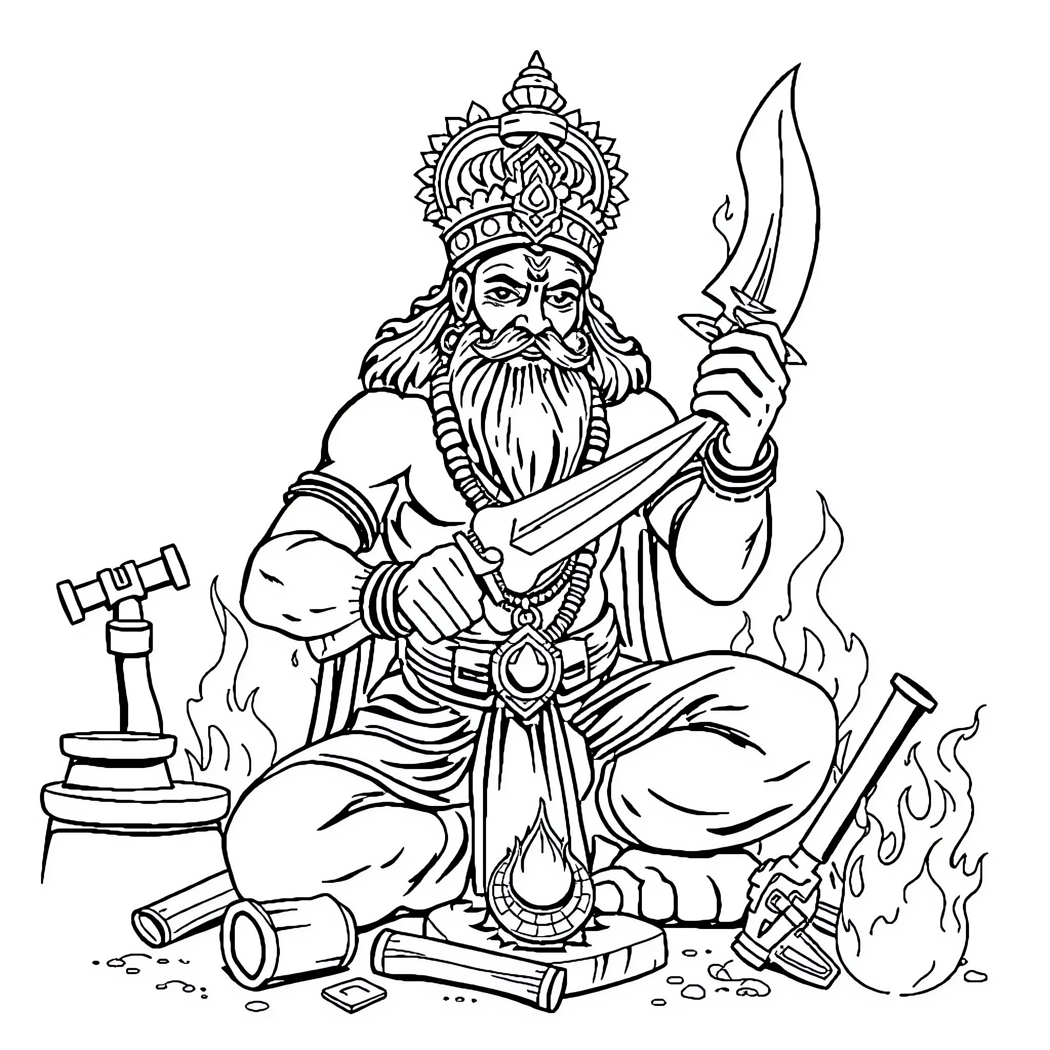 Vishwakarma, the divine craftsman at work Coloring Page (free black-and-white line drawing printable PDF for all, from beginners to advanced learners, including children, teens, adults, and seniors)