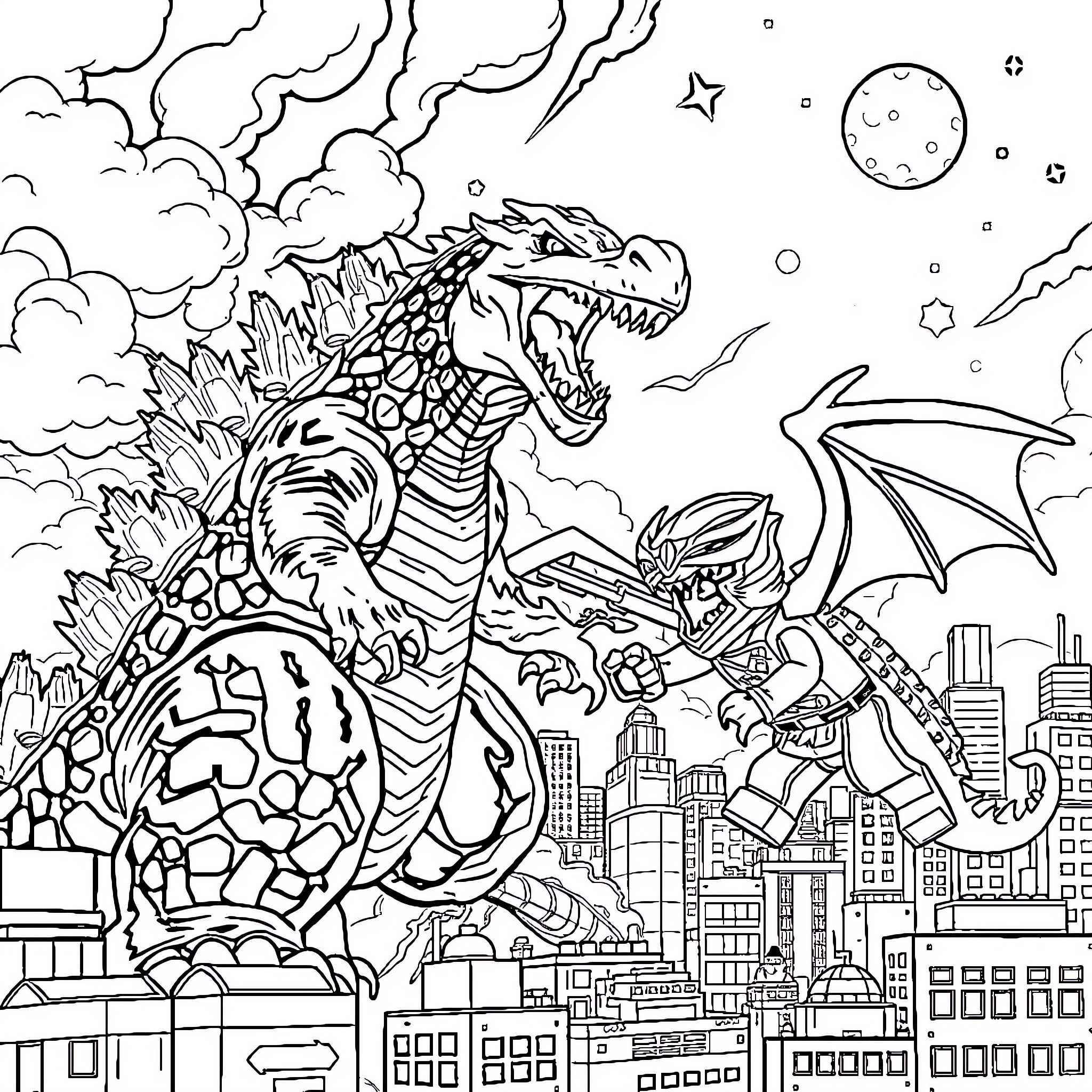Godzilla wreaking havoc in the city Coloring Page (free black-and-white line drawing printable PDF for all, from beginners to advanced learners, including children, teens, adults, and seniors)