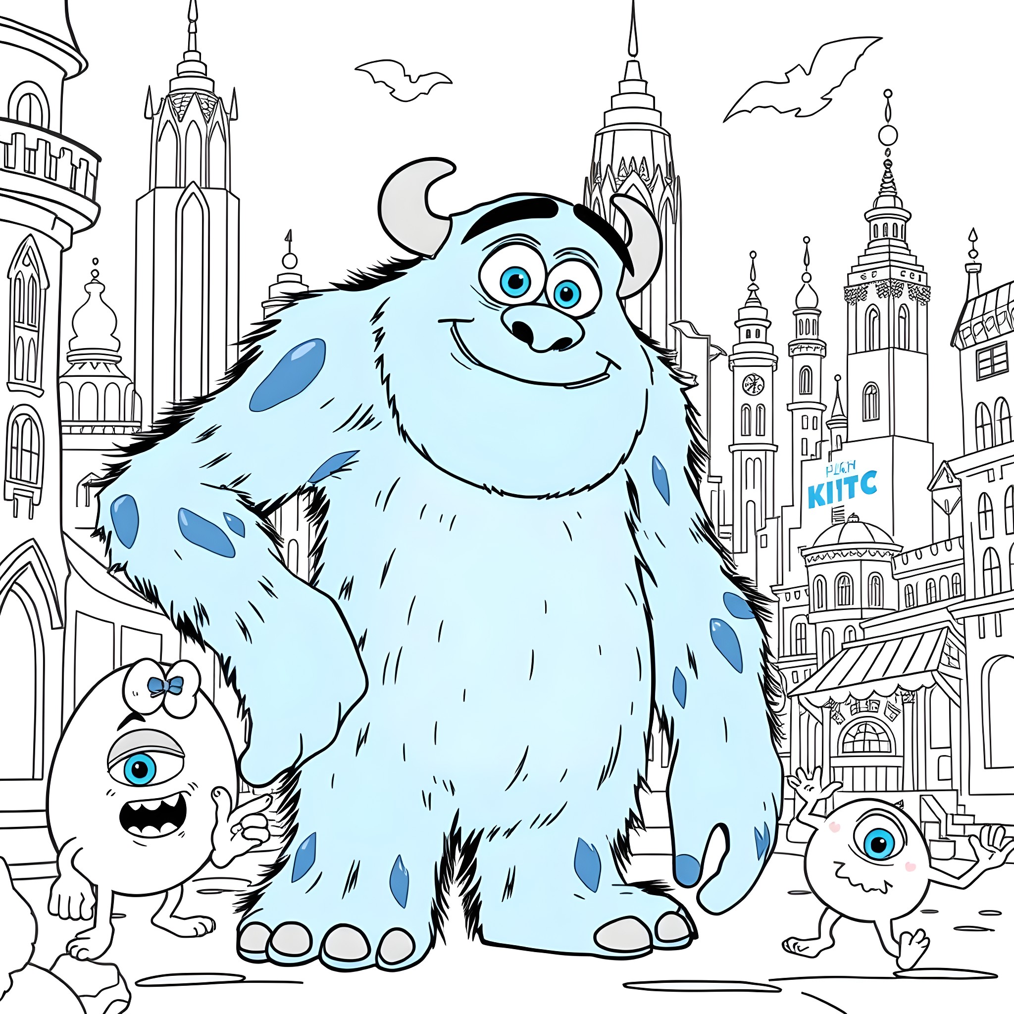 Sulley and his monster friends explore the city Coloring Page (free black-and-white line drawing printable PDF for all, from beginners to advanced learners, including children, teens, adults, and seniors)