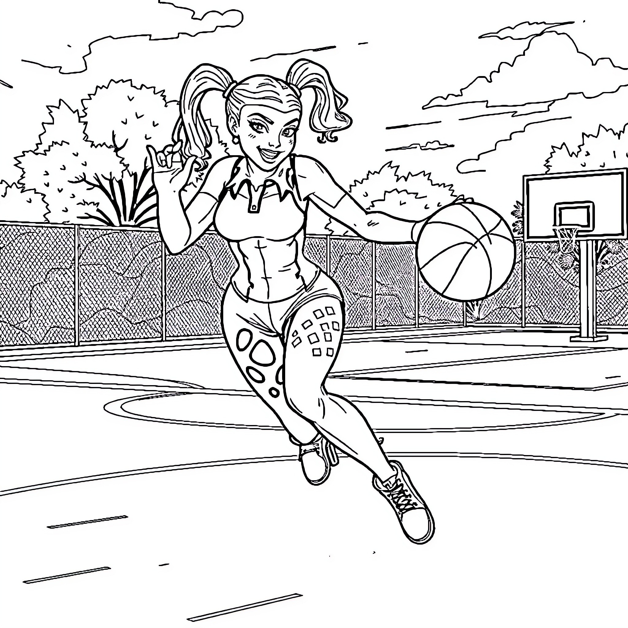 Harley Quinn playing basketball on the court Coloring Page (free black-and-white line drawing printable PDF for all, from beginners to advanced learners, including children, teens, adults, and seniors)