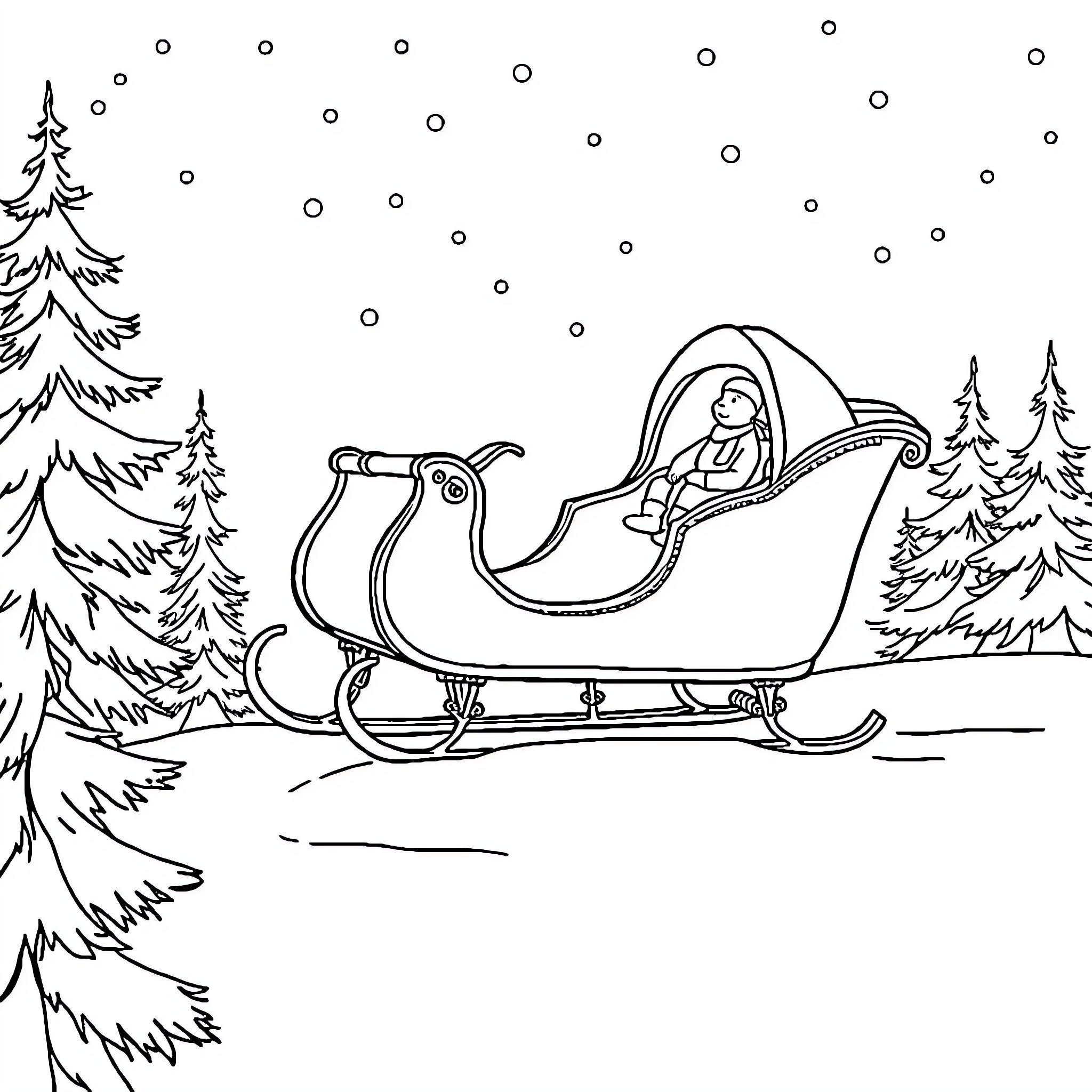 Sleigh ride through snowy winter landscape Coloring Page (free black-and-white line drawing printable PDF for all, from beginners to advanced learners, including children, teens, adults, and seniors)