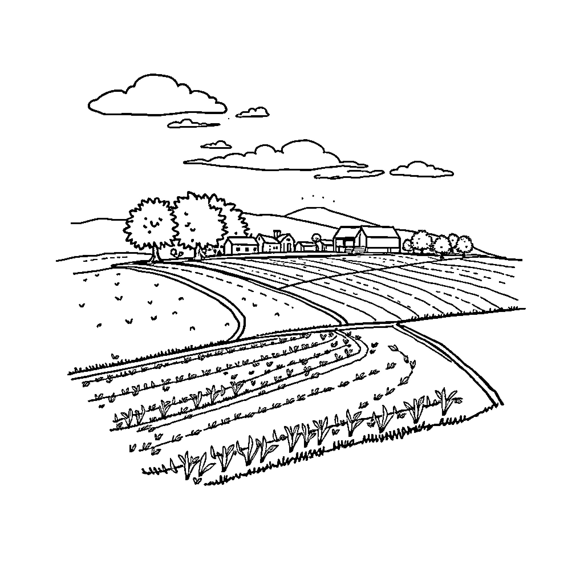 Manorial System of Agrarian Countryside Coloring Page (free black-and-white line drawing printable PDF for all, from beginners to advanced learners, including children, teens, adults, and seniors)