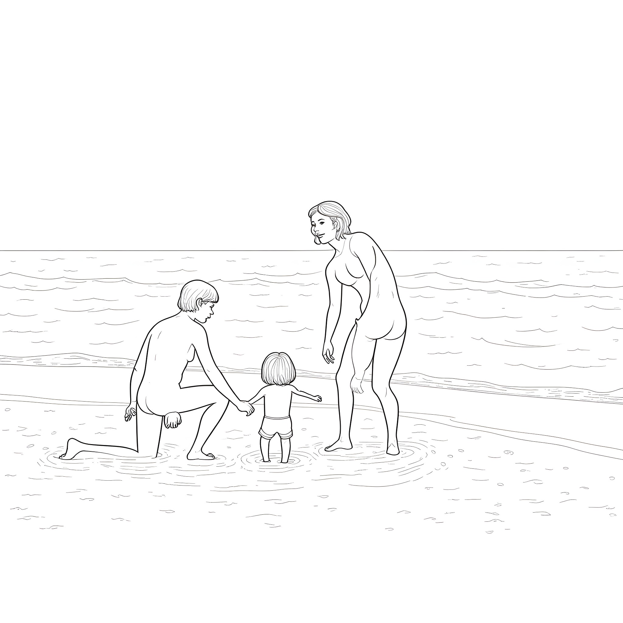 Family enjoying a day at the beach Coloring Page (free black-and-white line drawing printable PDF for all, from beginners to advanced learners, including children, teens, adults, and seniors)