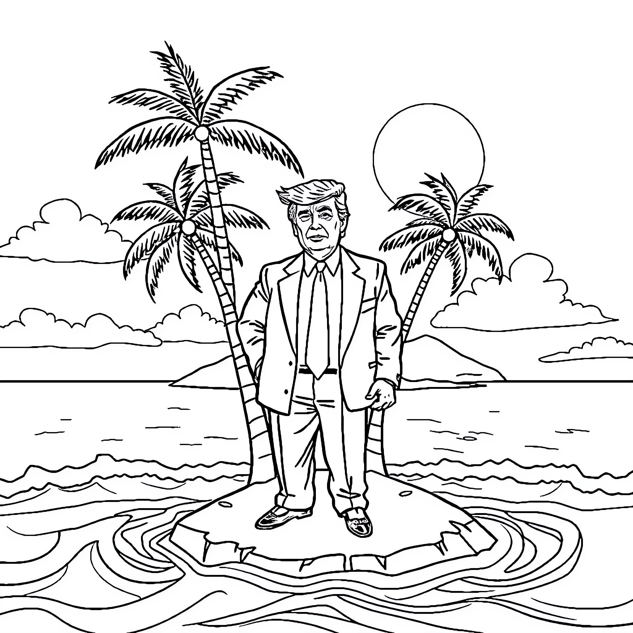 Donald Trump on a deserted tropical island Coloring Page (free black-and-white line drawing printable PDF for all, from beginners to advanced learners, including children, teens, adults, and seniors)