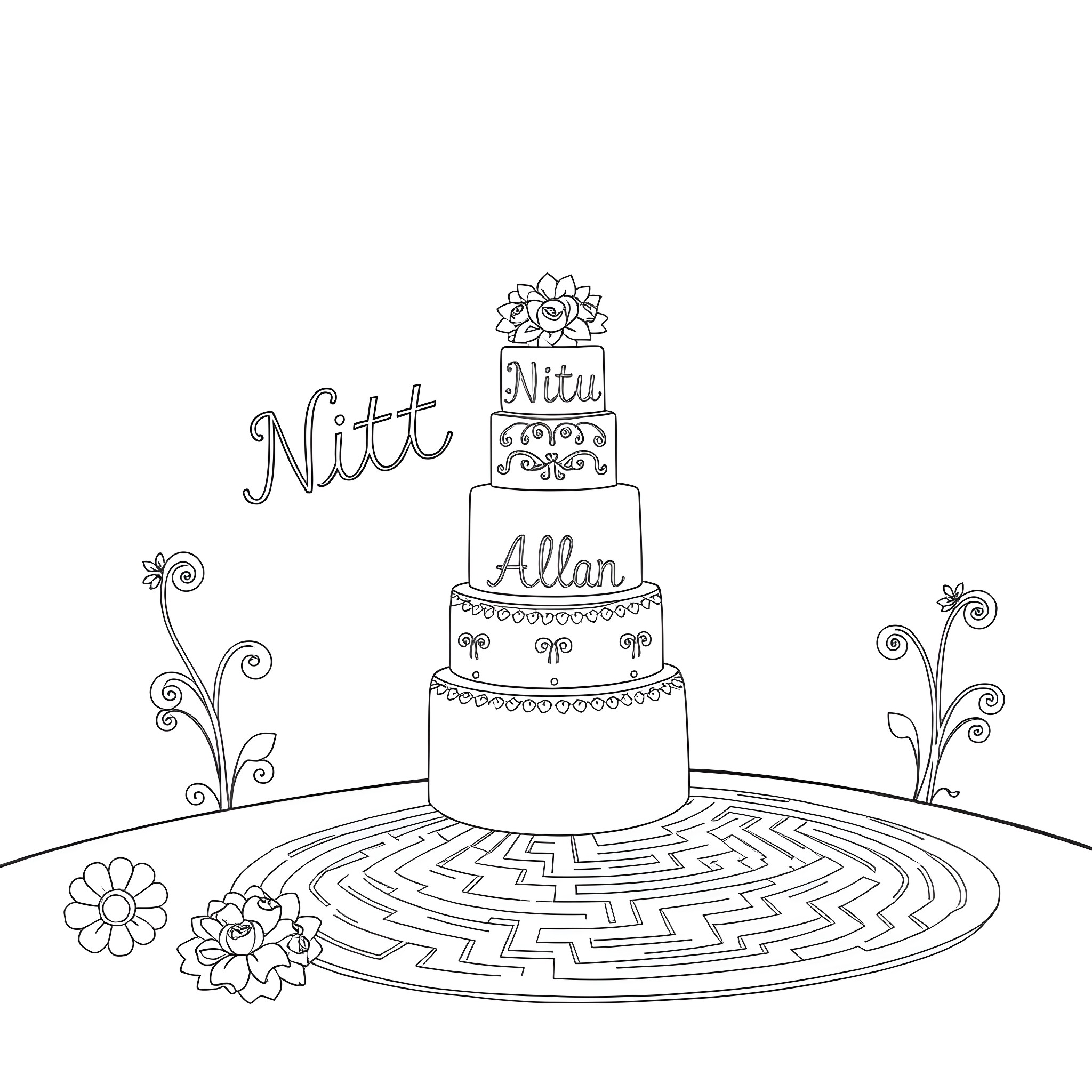 Wedding Celebration with Ornate Cake and Flowers Coloring Page (free black-and-white line drawing printable PDF for all, from beginners to advanced learners, including children, teens, adults, and seniors)