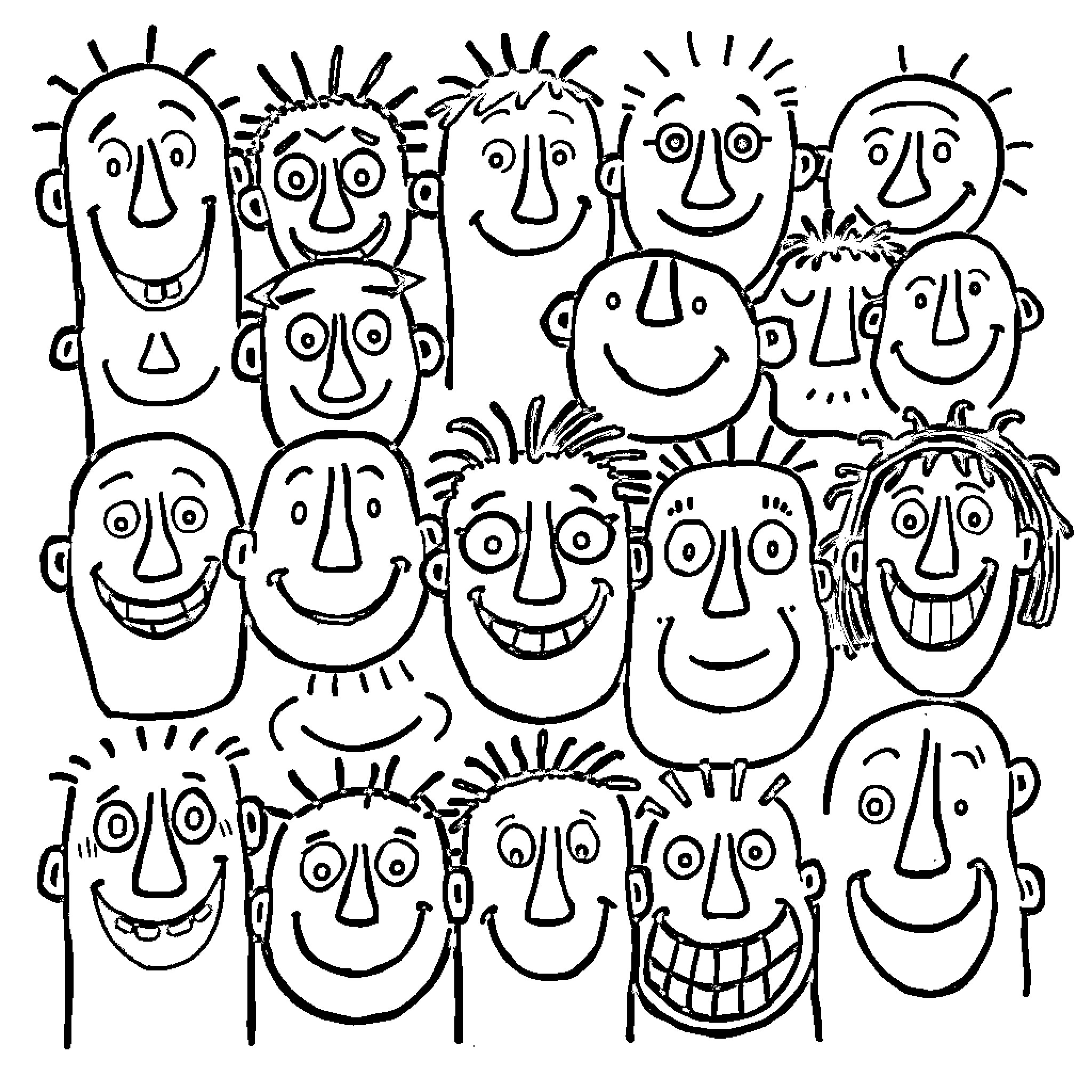 Face expressions of smiling cartoon characters Coloring Page (free black-and-white line drawing printable PDF for all, from beginners to advanced learners, including children, teens, adults, and seniors)