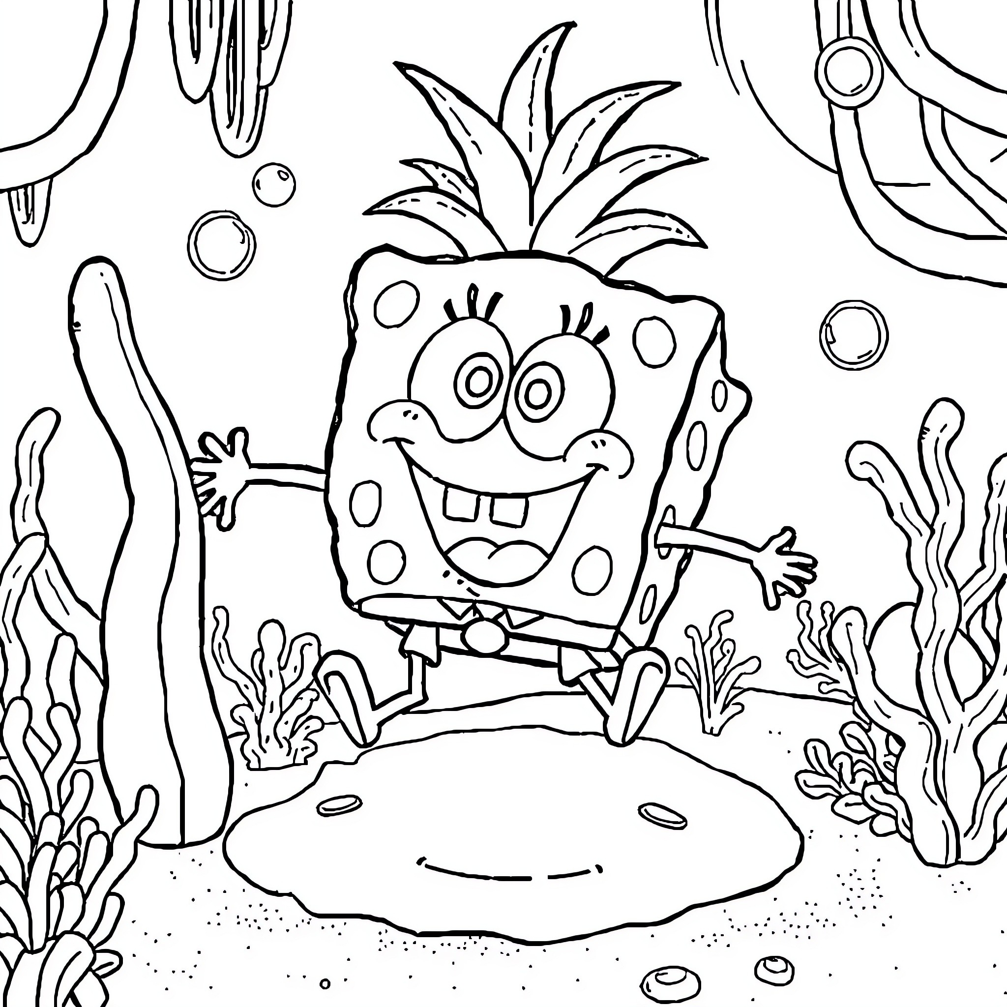 Spongebob excited underwater adventure Coloring Page (free black-and-white line drawing printable PDF for all, from beginners to advanced learners, including children, teens, adults, and seniors)