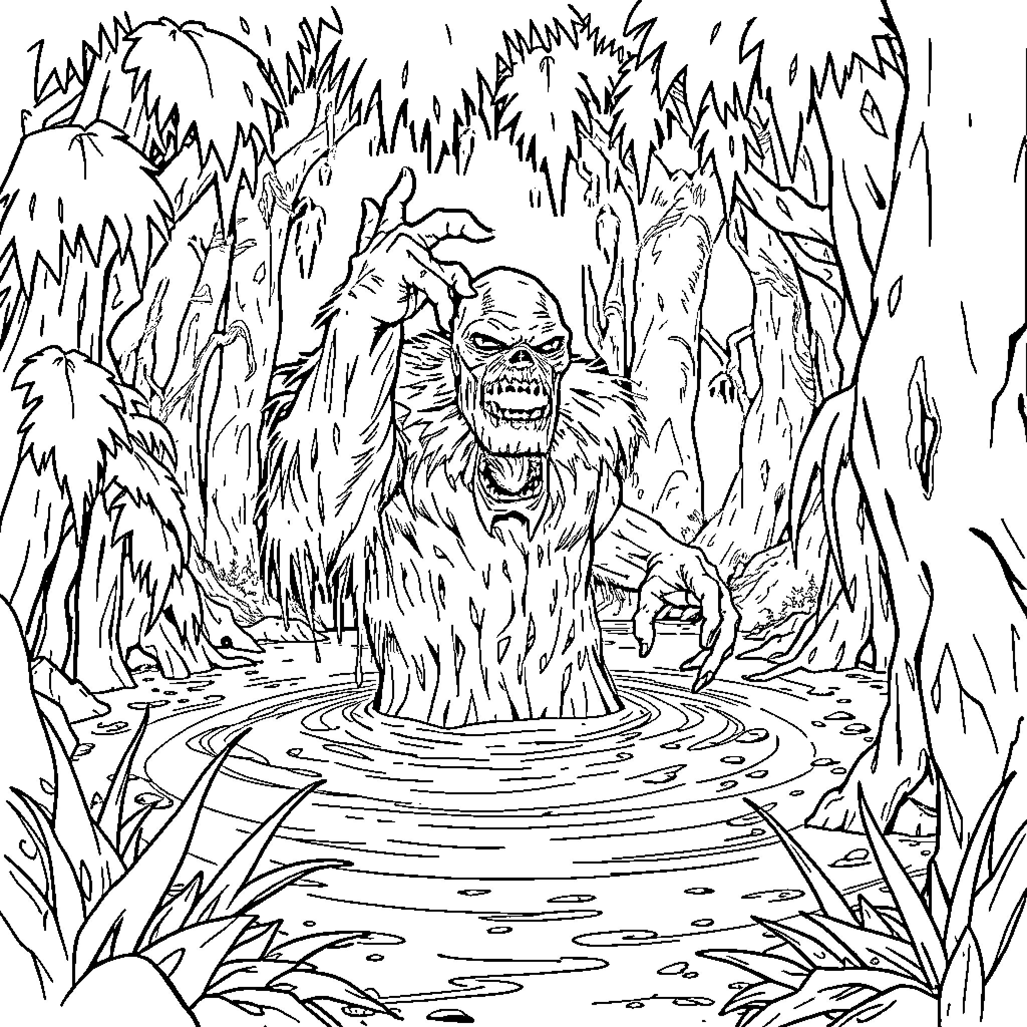 Swamp Thing emerging from the murky waters Coloring Page (free black-and-white line drawing printable PDF for all, from beginners to advanced learners, including children, teens, adults, and seniors)