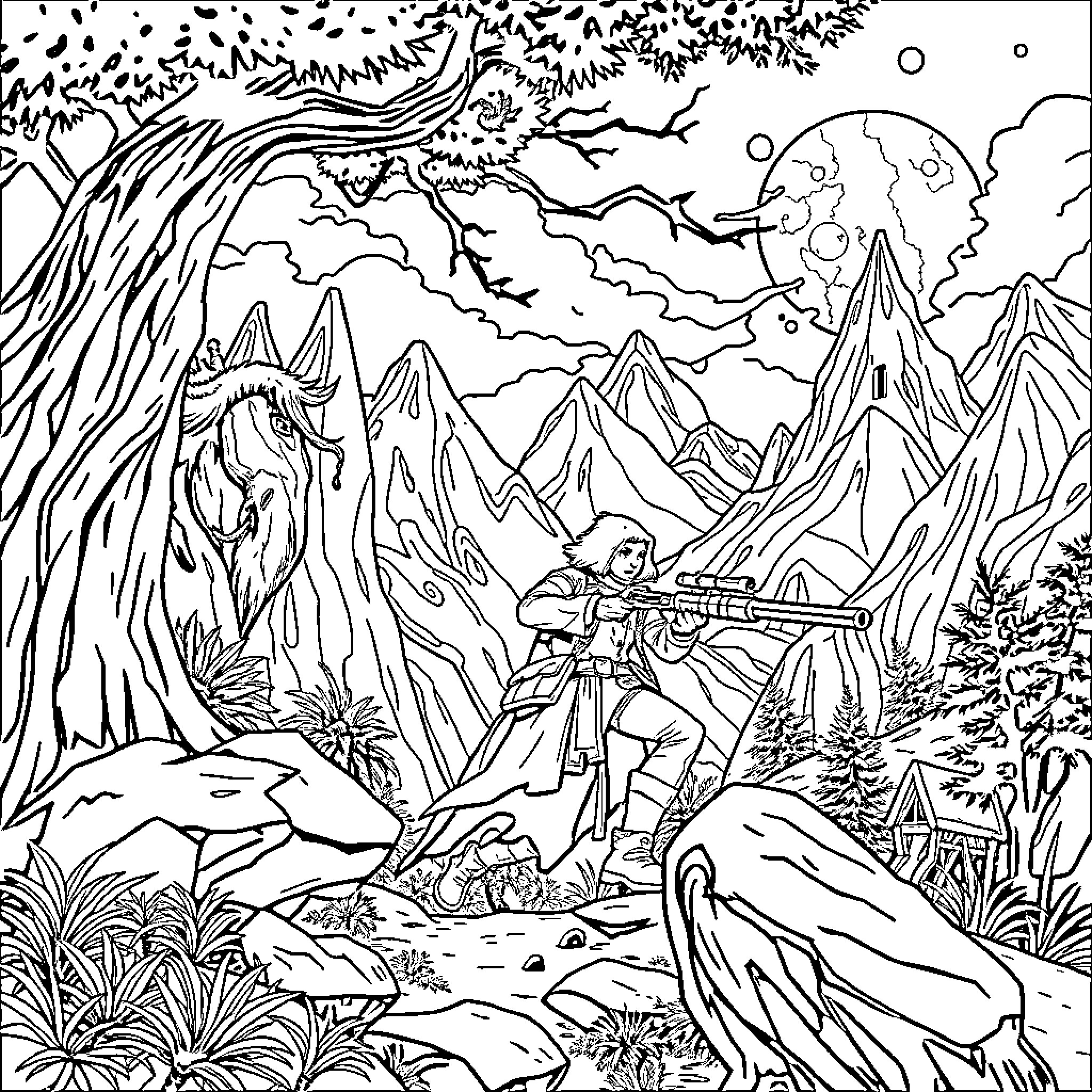 Huntrix battles fierce creatures in the wild Coloring Page (free black-and-white line drawing printable PDF for all, from beginners to advanced learners, including children, teens, adults, and seniors)
