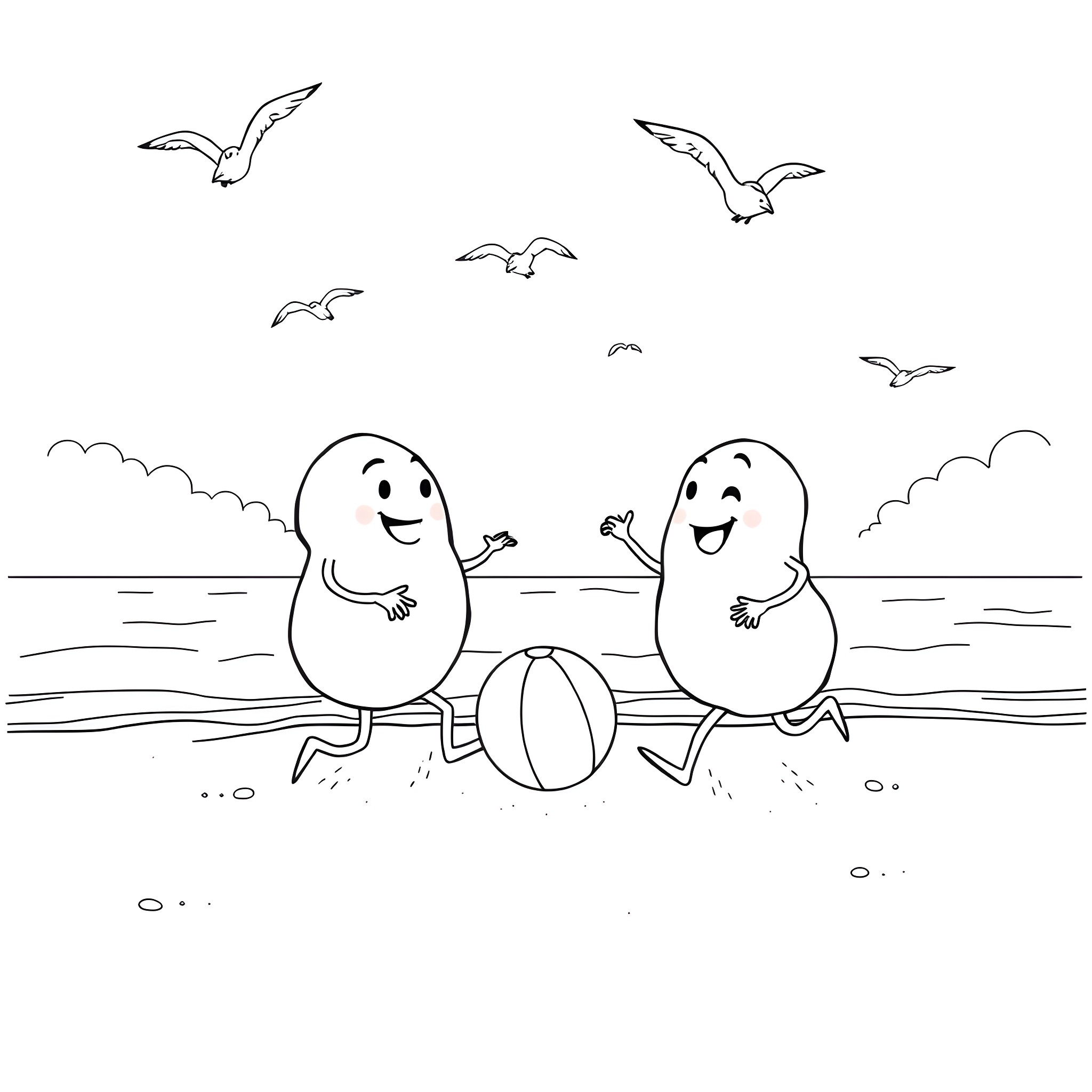 Potato friends playing on the beach Coloring Page (free black-and-white line drawing printable PDF for all, from beginners to advanced learners, including children, teens, adults, and seniors)