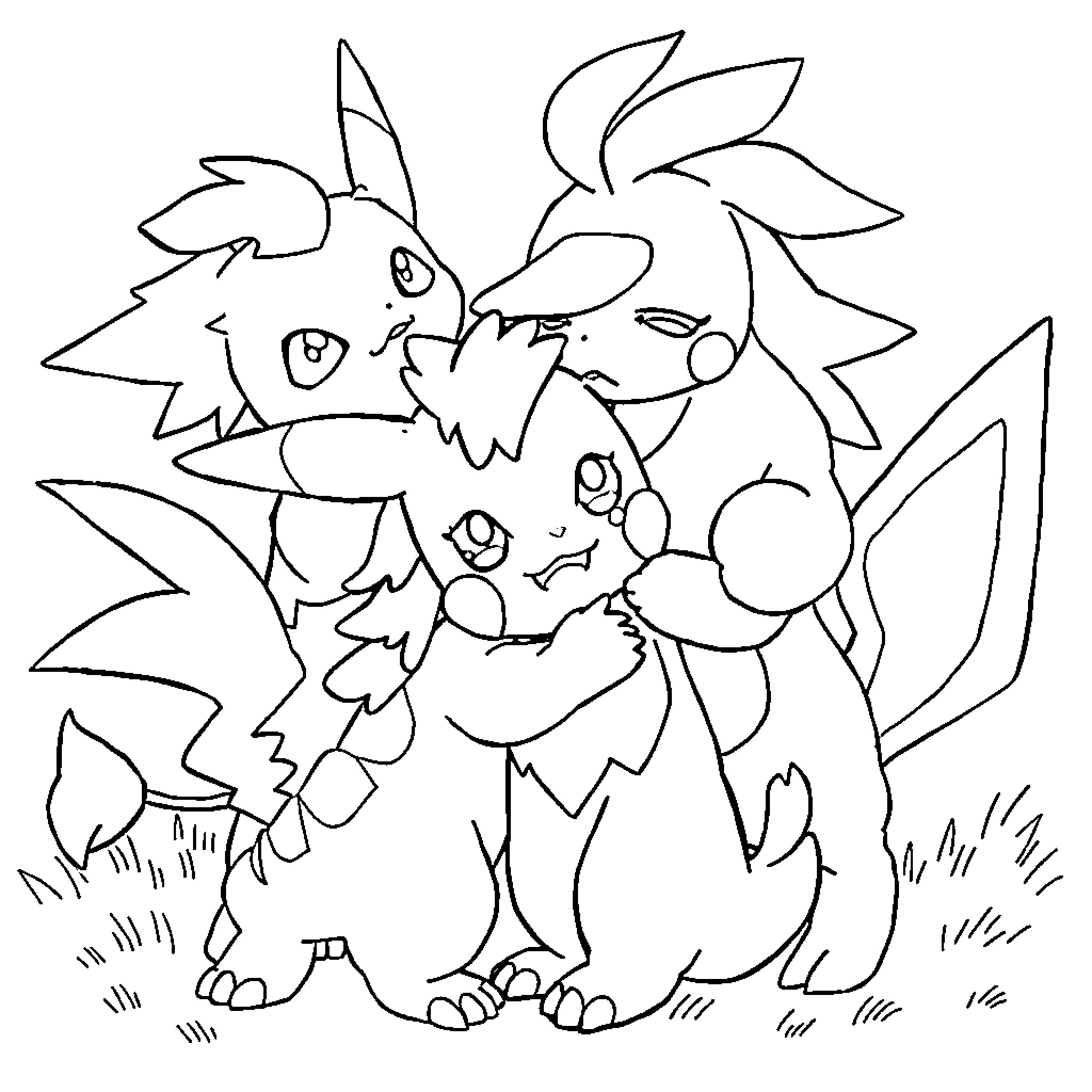 Pokémon Playful Encounter in the Grass Coloring Page (free black-and-white line drawing printable PDF for all, from beginners to advanced learners, including children, teens, adults, and seniors)
