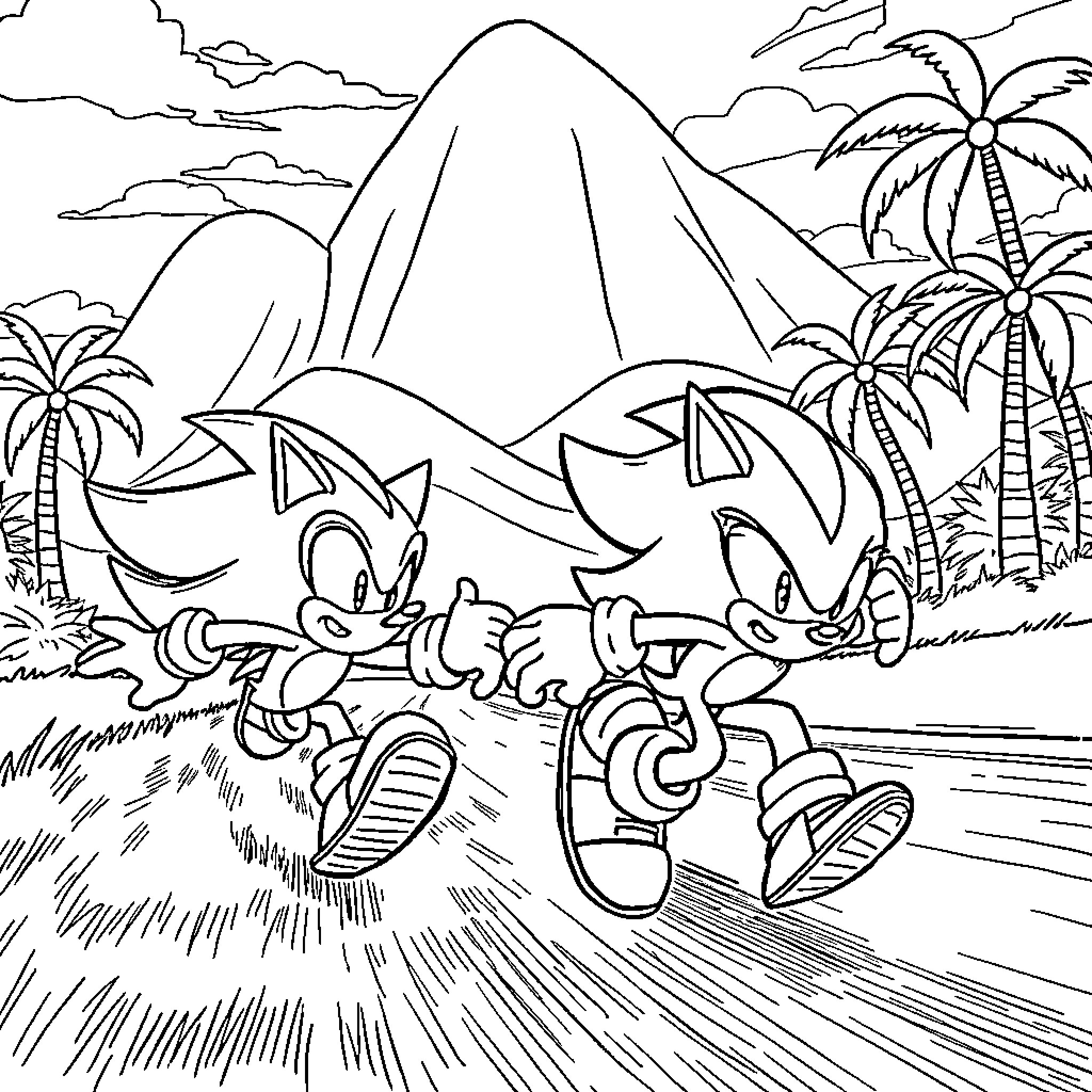 Sonic characters on tropical adventure Coloring Page (free black-and-white line drawing printable PDF for all, from beginners to advanced learners, including children, teens, adults, and seniors)