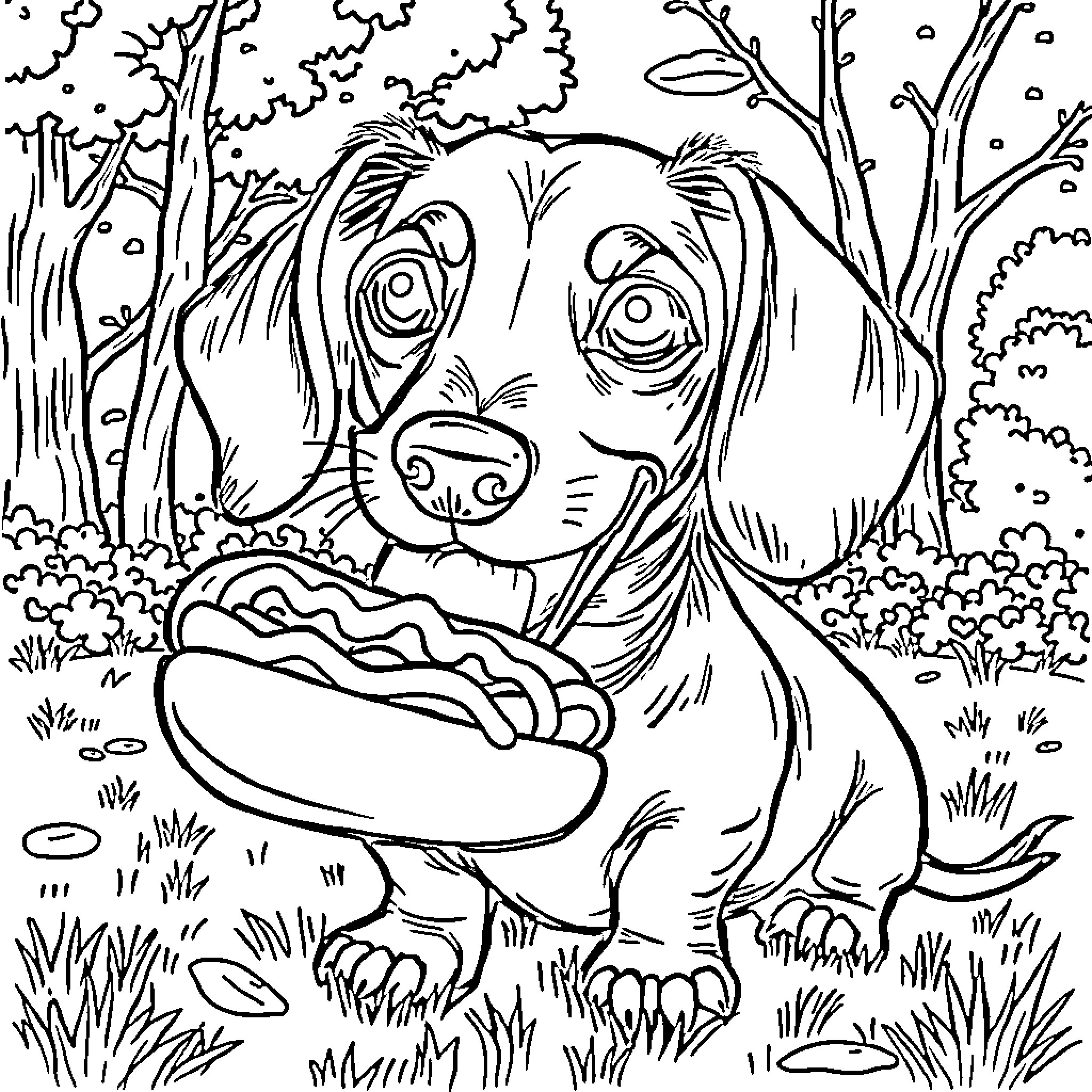Dachshund exploring the lush forest Coloring Page (free black-and-white line drawing printable PDF for all, from beginners to advanced learners, including children, teens, adults, and seniors)