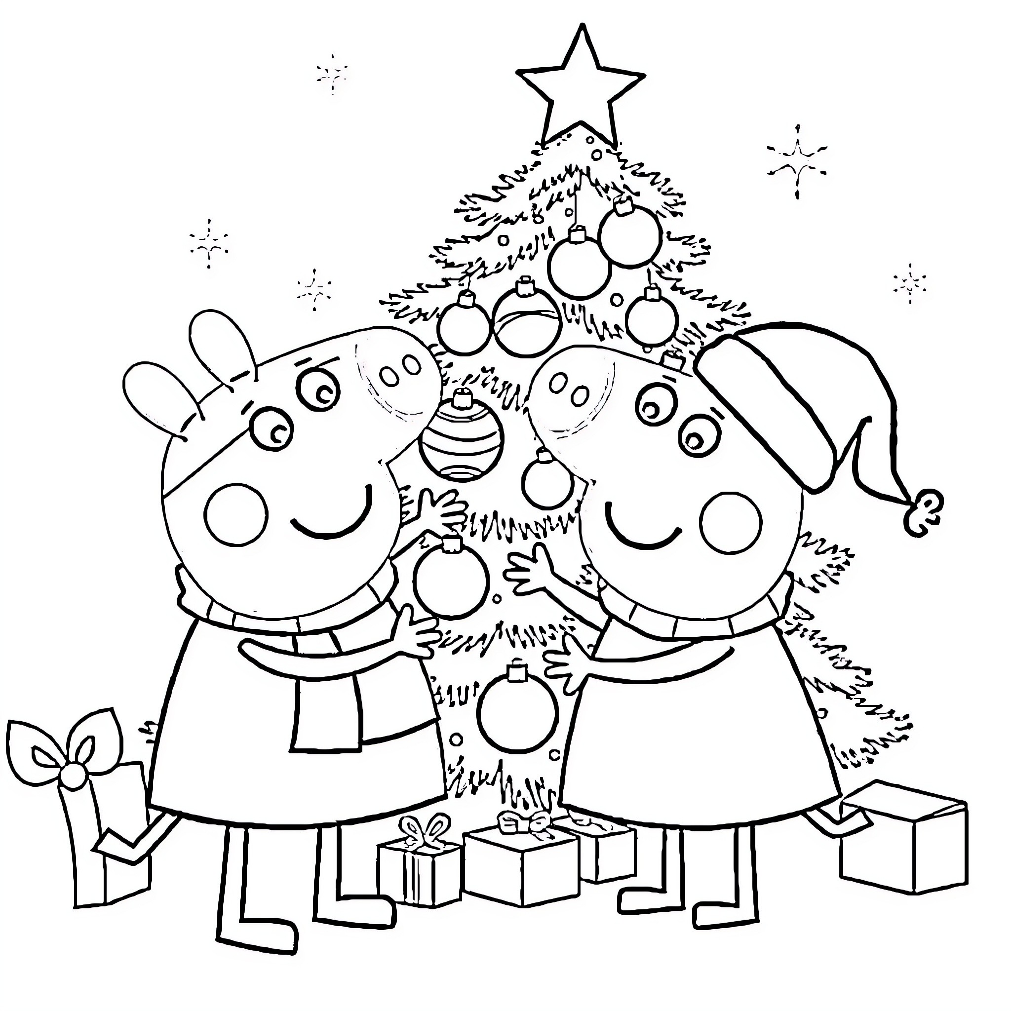 Bluey and friends celebrate Christmas together Coloring Page (free black-and-white line drawing printable PDF for all, from beginners to advanced learners, including children, teens, adults, and seniors)