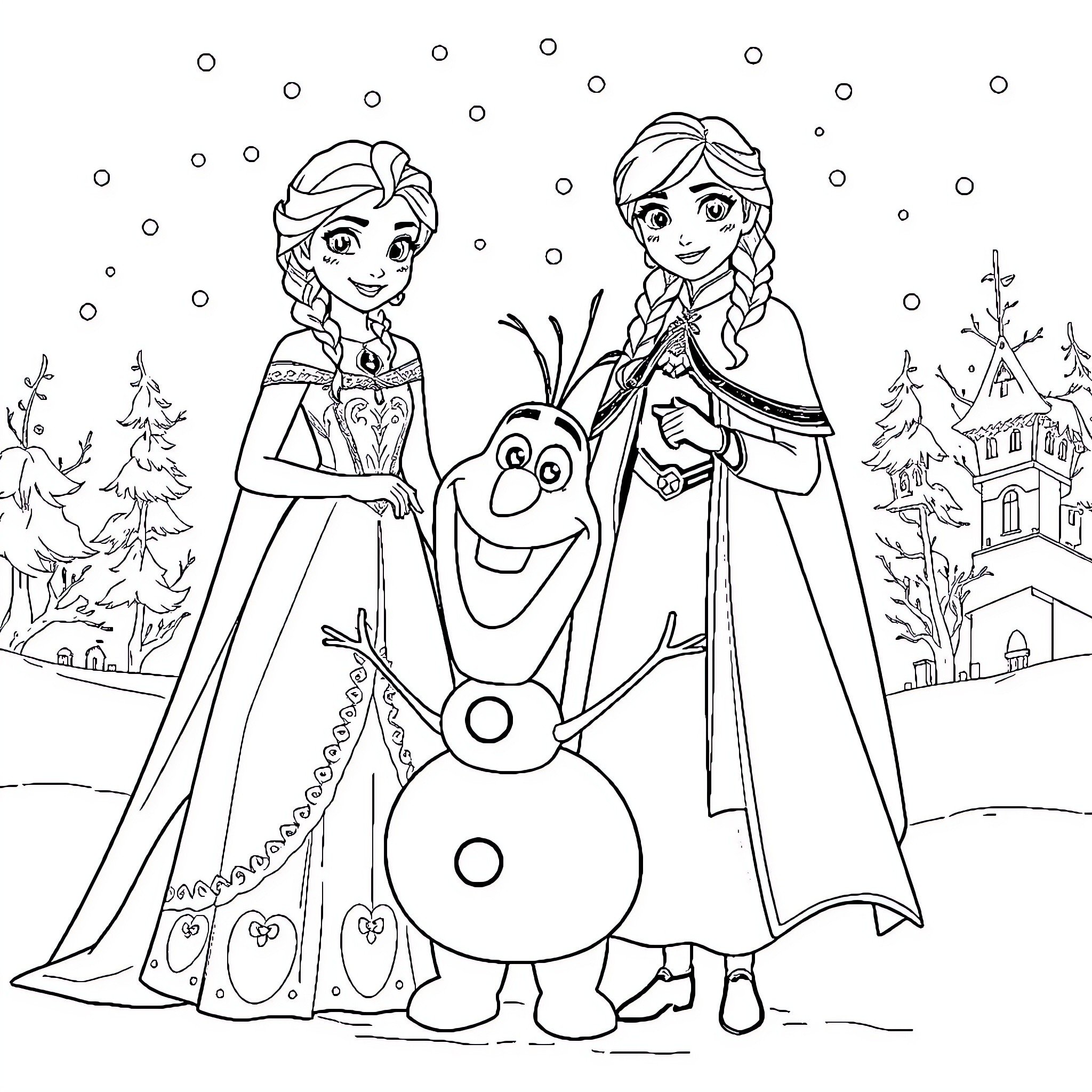 Elsa and Anna's Winter Wonderland Adventure Coloring Page (free black-and-white line drawing printable PDF for all, from beginners to advanced learners, including children, teens, adults, and seniors)