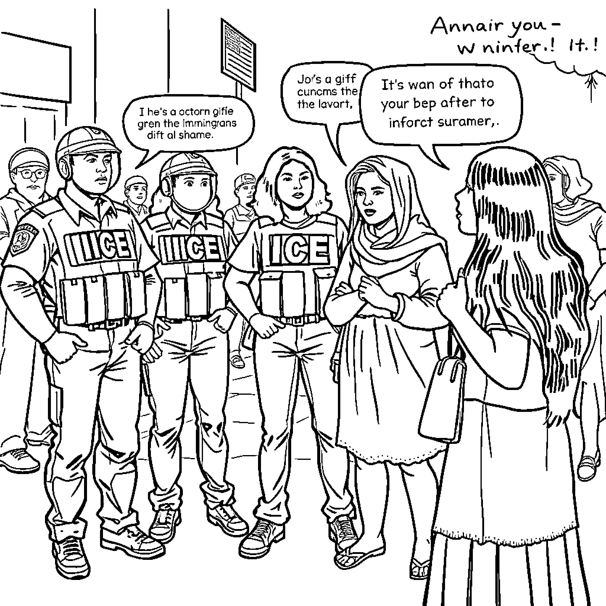 Ice Agent Confrontation: Law Enforcement and Citizens Coloring Page (free black-and-white line drawing printable PDF for all, from beginners to advanced learners, including children, teens, adults, and seniors)