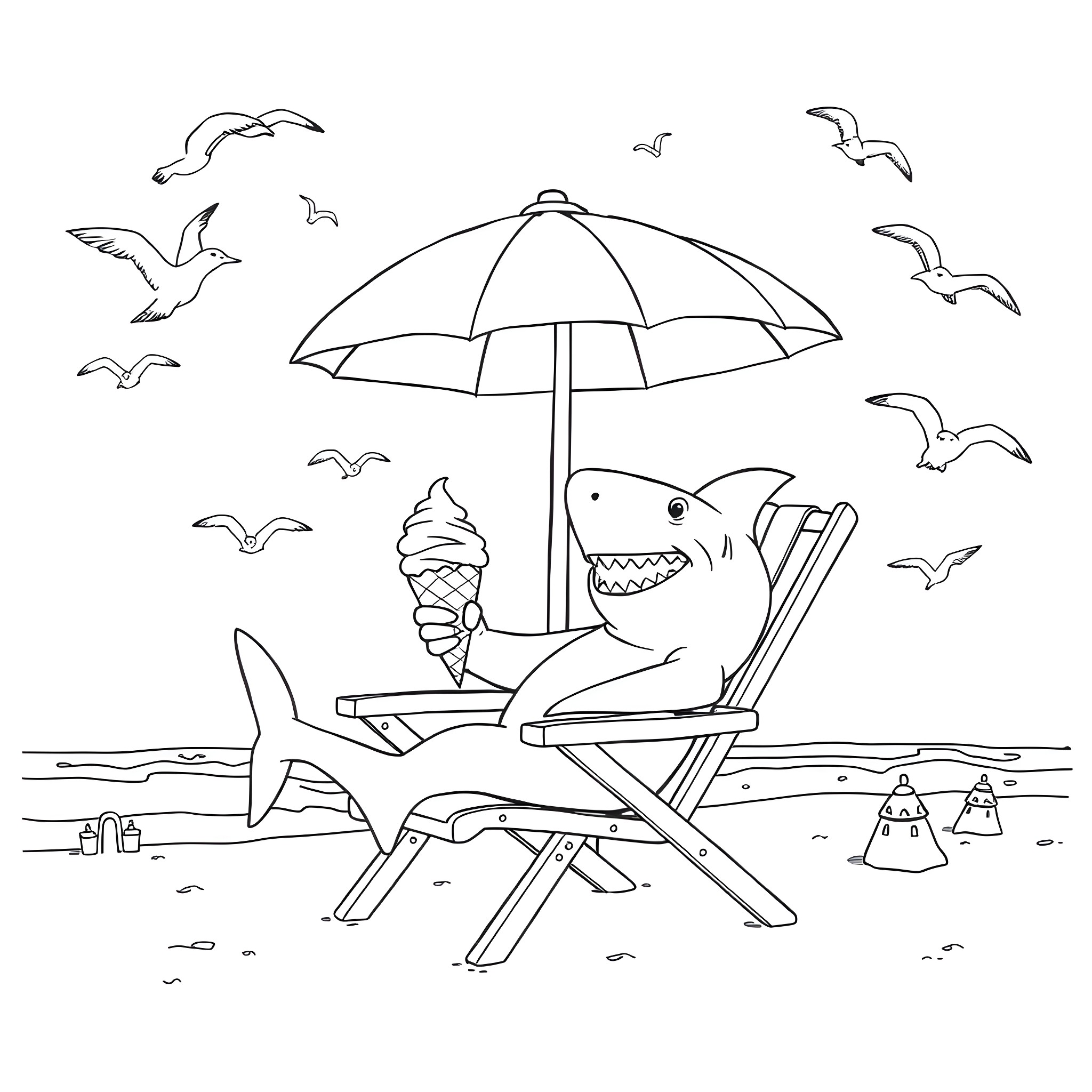 Shark relaxing on the beach under a umbrella Coloring Page (free black-and-white line drawing printable PDF for all, from beginners to advanced learners, including children, teens, adults, and seniors)