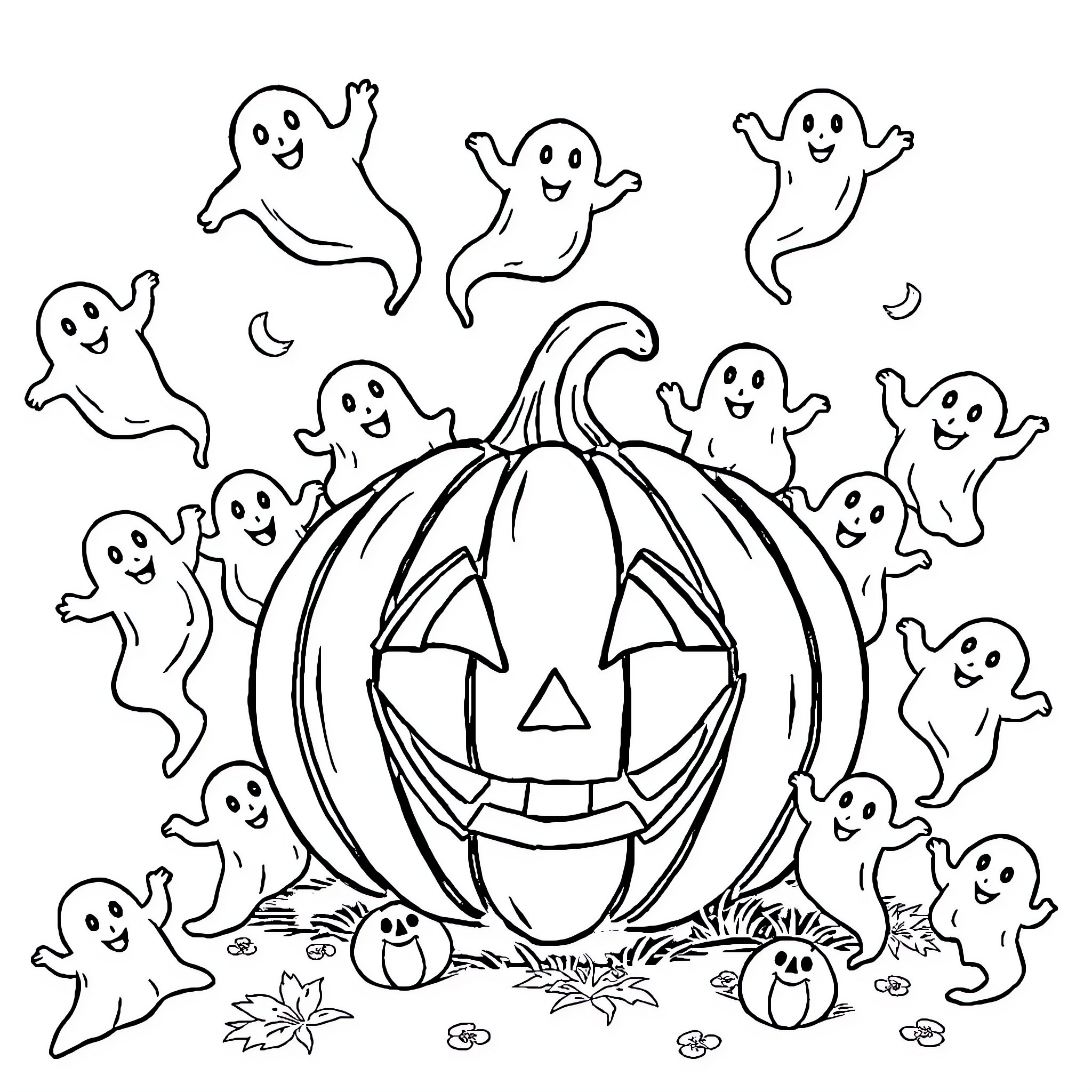 Ghost friends gather around the Jack-o'-lantern Coloring Page (free black-and-white line drawing printable PDF for all, from beginners to advanced learners, including children, teens, adults, and seniors)
