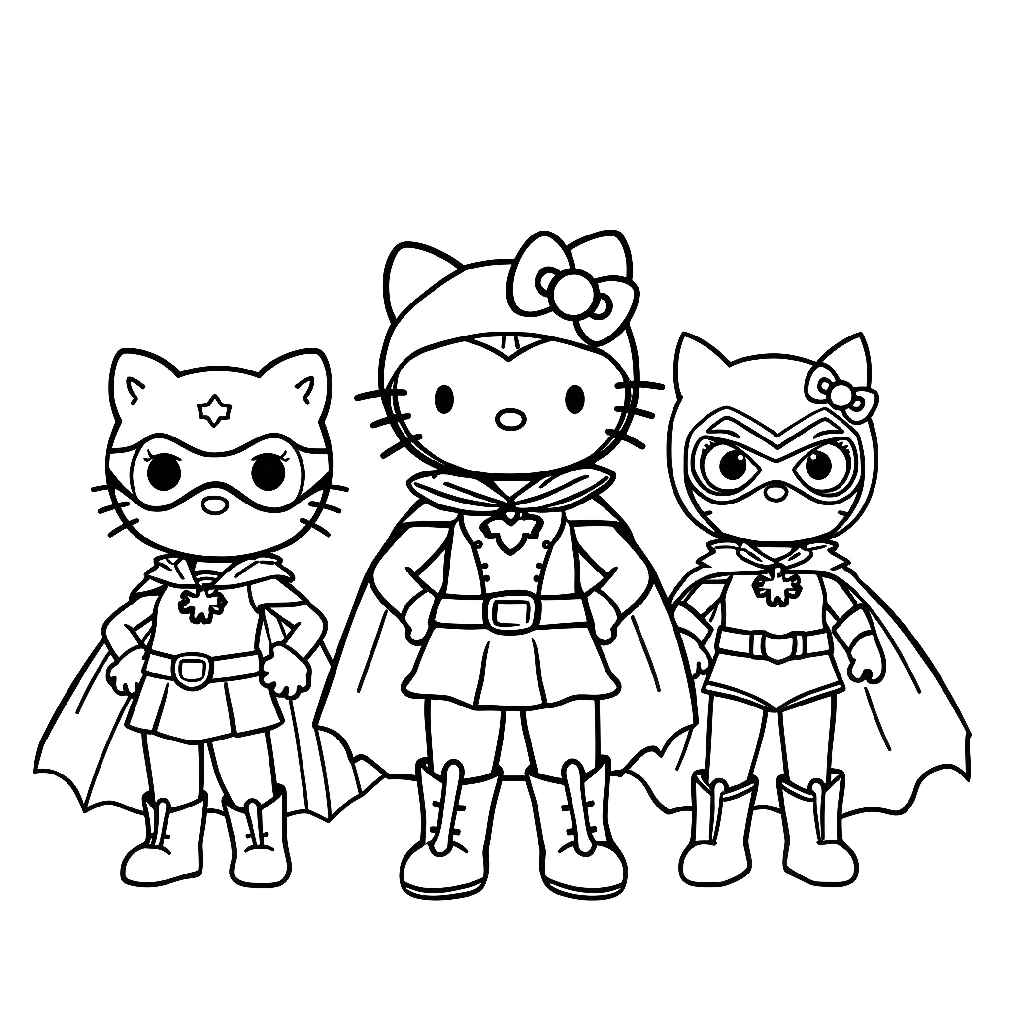 Hello Kitty and friends in superhero costumes Coloring Page (free black-and-white line drawing printable PDF for all, from beginners to advanced learners, including children, teens, adults, and seniors)