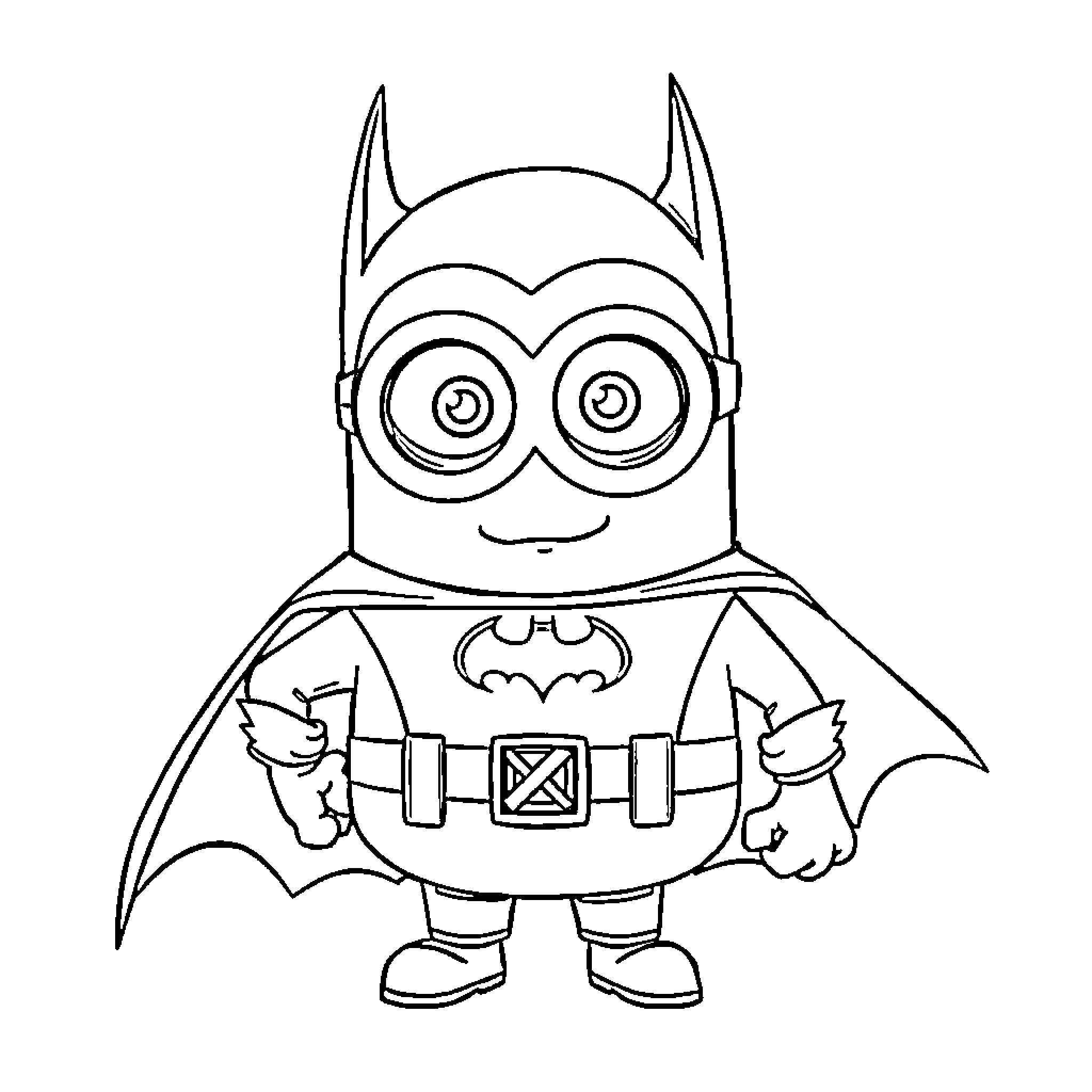 Minion dressed as Batman with amusing expression Coloring Page (free black-and-white line drawing printable PDF for all, from beginners to advanced learners, including children, teens, adults, and seniors)