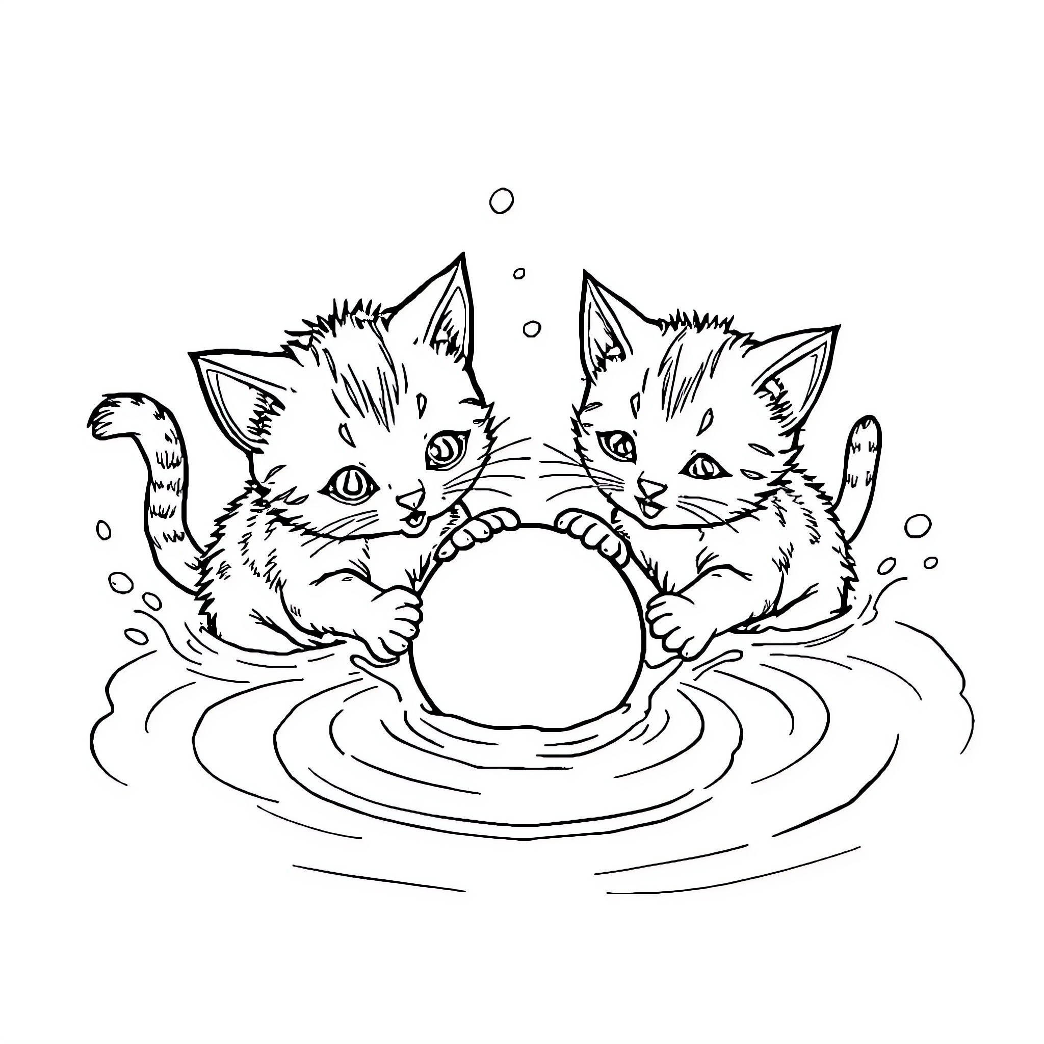 Cats playing in a water puddle Coloring Page (free black-and-white line drawing printable PDF for all, from beginners to advanced learners, including children, teens, adults, and seniors)