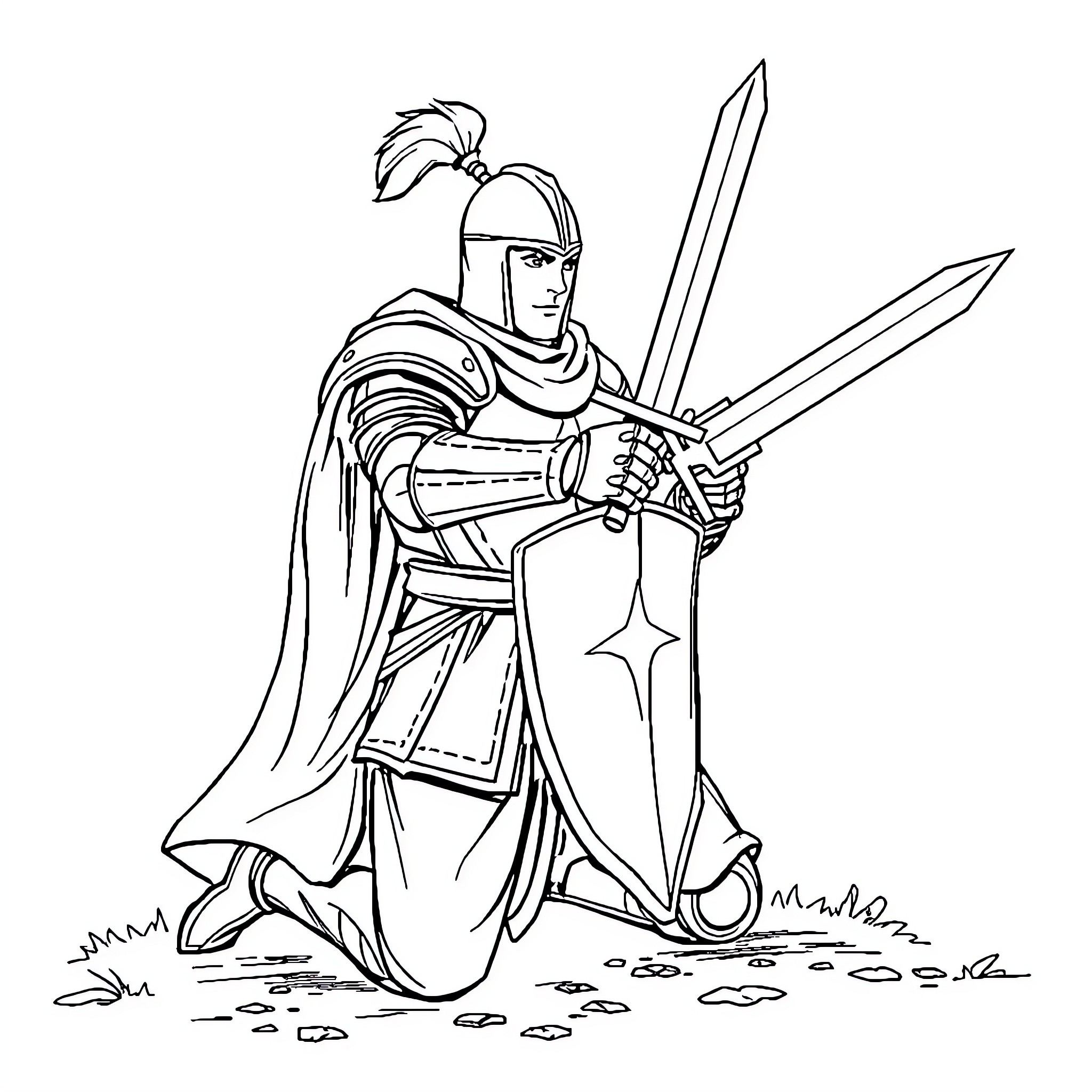 Knight in armored outfit wielding two swords Coloring Page (free black-and-white line drawing printable PDF for all, from beginners to advanced learners, including children, teens, adults, and seniors)