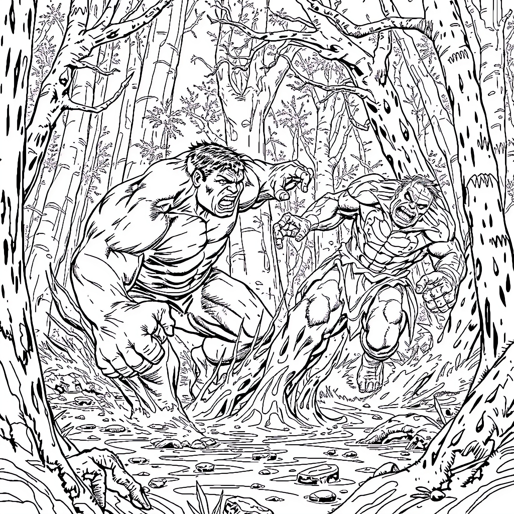 Hulk fighting fiercely in the mysterious forest Coloring Page (free black-and-white line drawing printable PDF for all, from beginners to advanced learners, including children, teens, adults, and seniors)