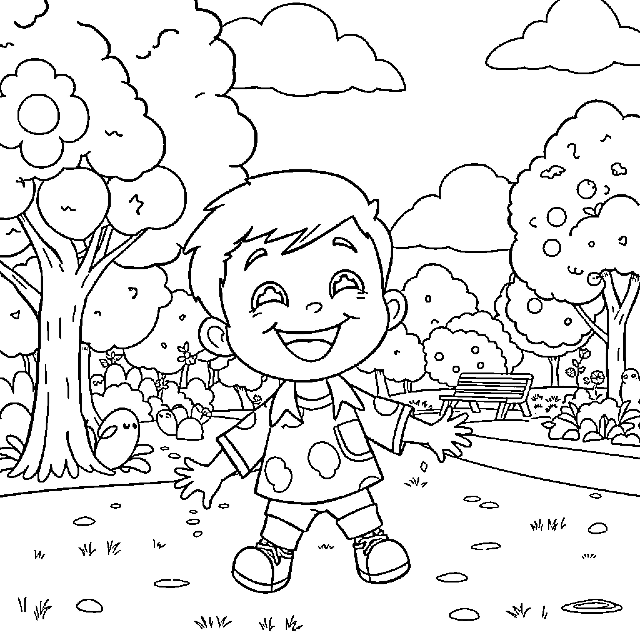 JJ Happy Boy Explores Nature's Wonders Coloring Page (free black-and-white line drawing printable PDF for all, from beginners to advanced learners, including children, teens, adults, and seniors)