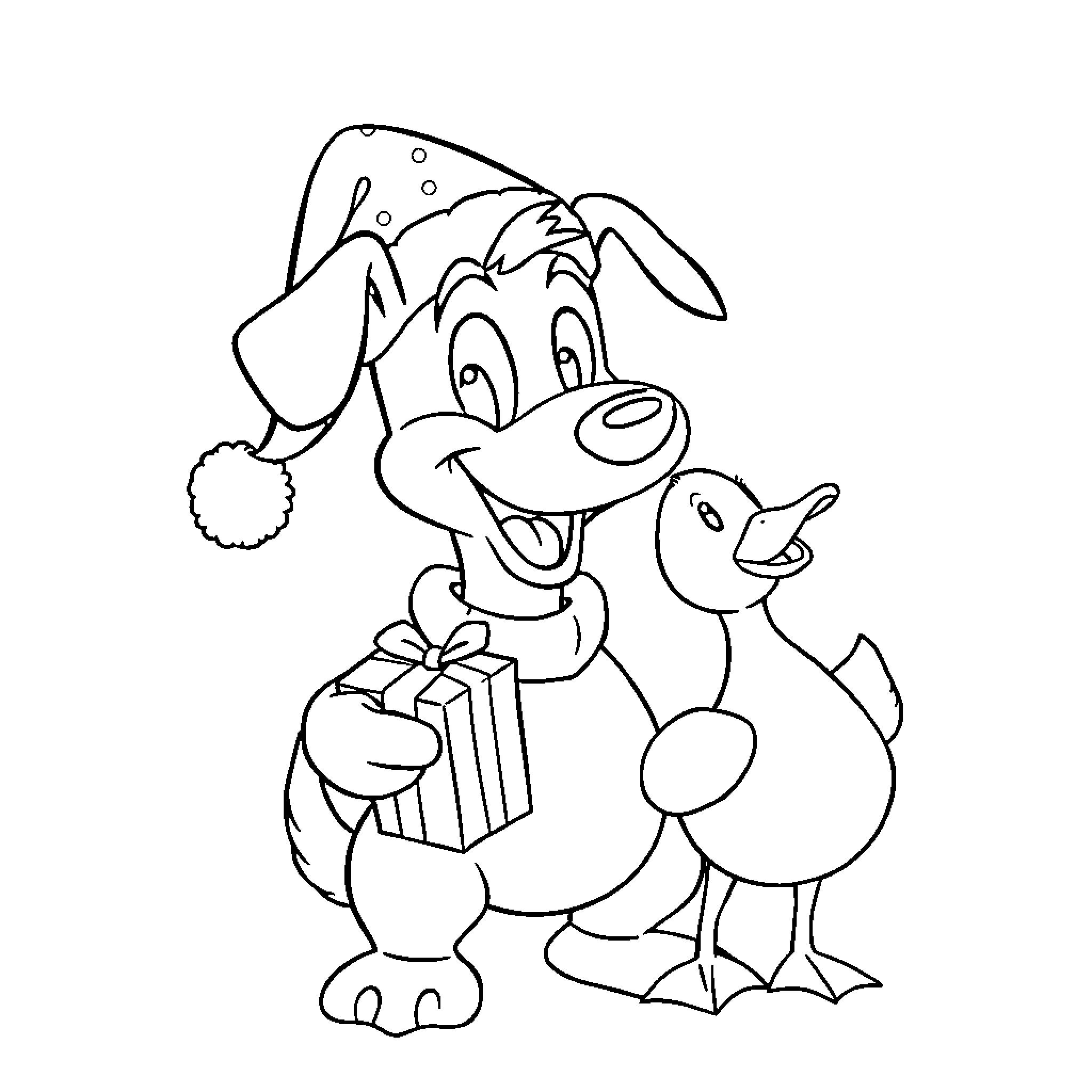 Duck Hunt Dog Playing With Ducklings Coloring Page (free black-and-white line drawing printable PDF for all, from beginners to advanced learners, including children, teens, adults, and seniors)