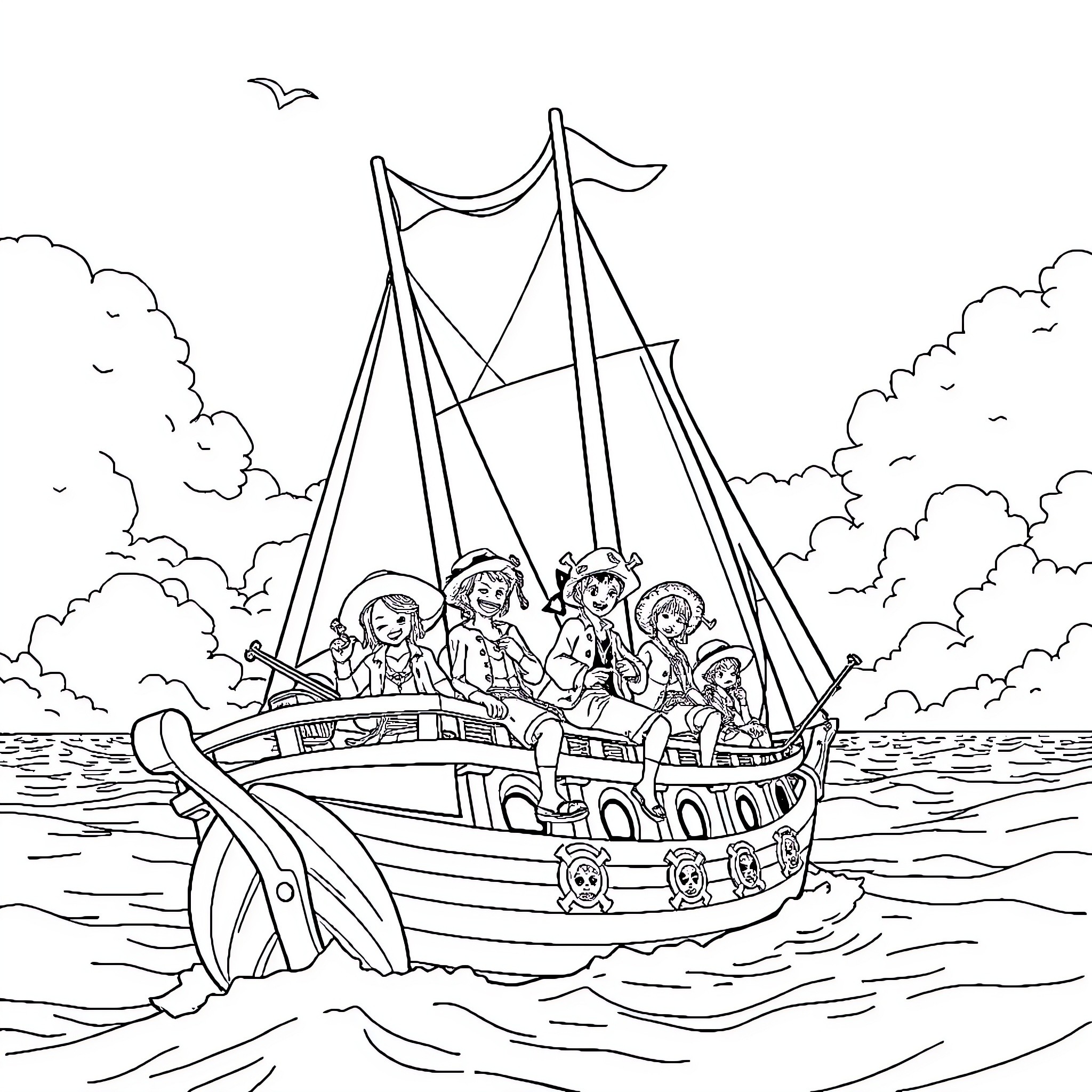 One Piece Adventures of Pirate Crew on High Seas Coloring Page (free black-and-white line drawing printable PDF for all, from beginners to advanced learners, including children, teens, adults, and seniors)