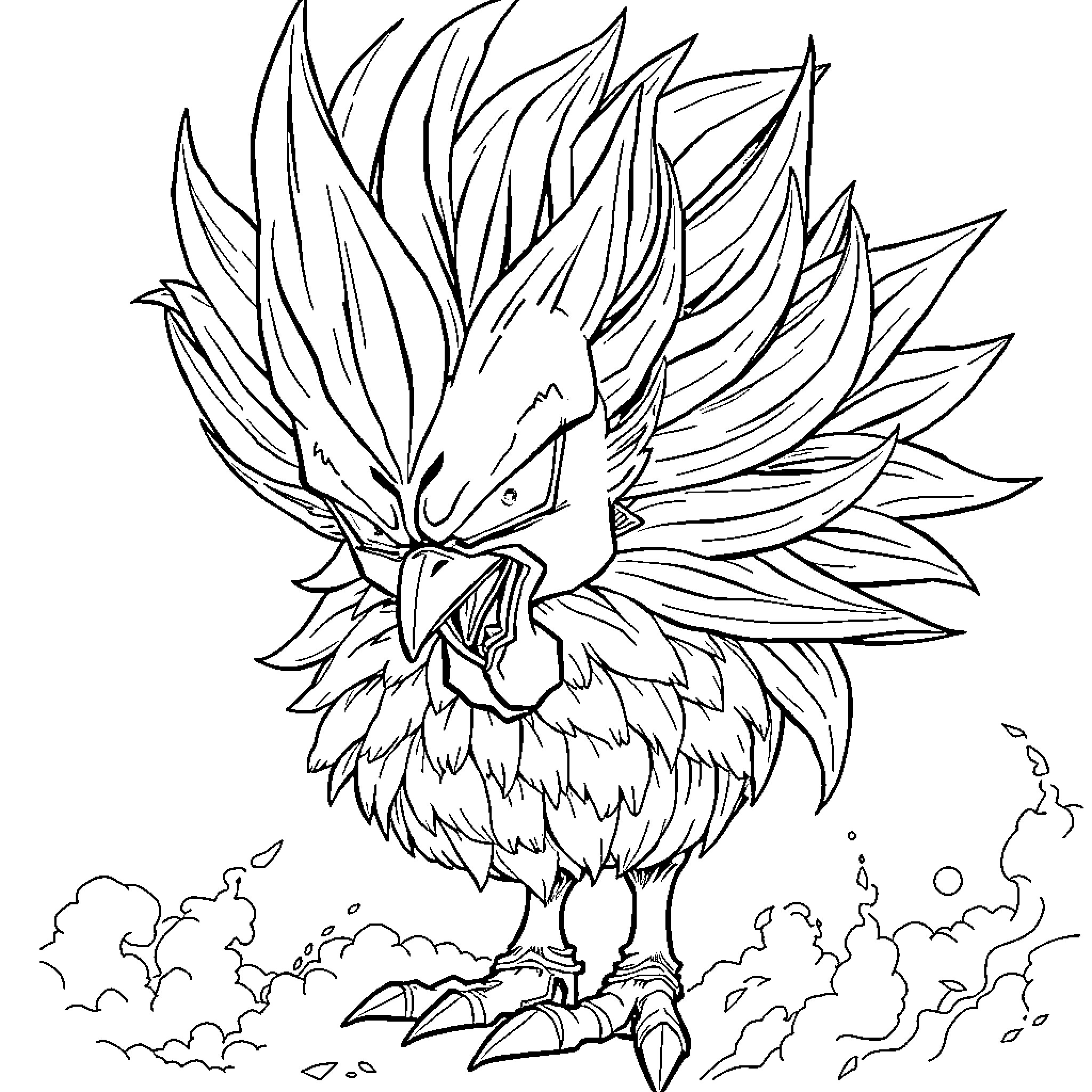 Super Saiyan Chicken Unleashing Fierce Energy Coloring Page (free black-and-white line drawing printable PDF for all, from beginners to advanced learners, including children, teens, adults, and seniors)