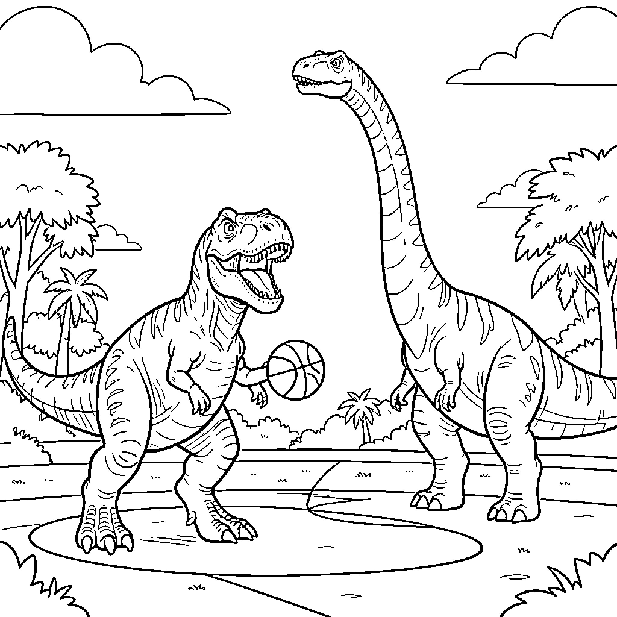 Dinosaurs playing together in a lush prehistoric landscape Coloring Page (free black-and-white line drawing printable PDF for all, from beginners to advanced learners, including children, teens, adults, and seniors)