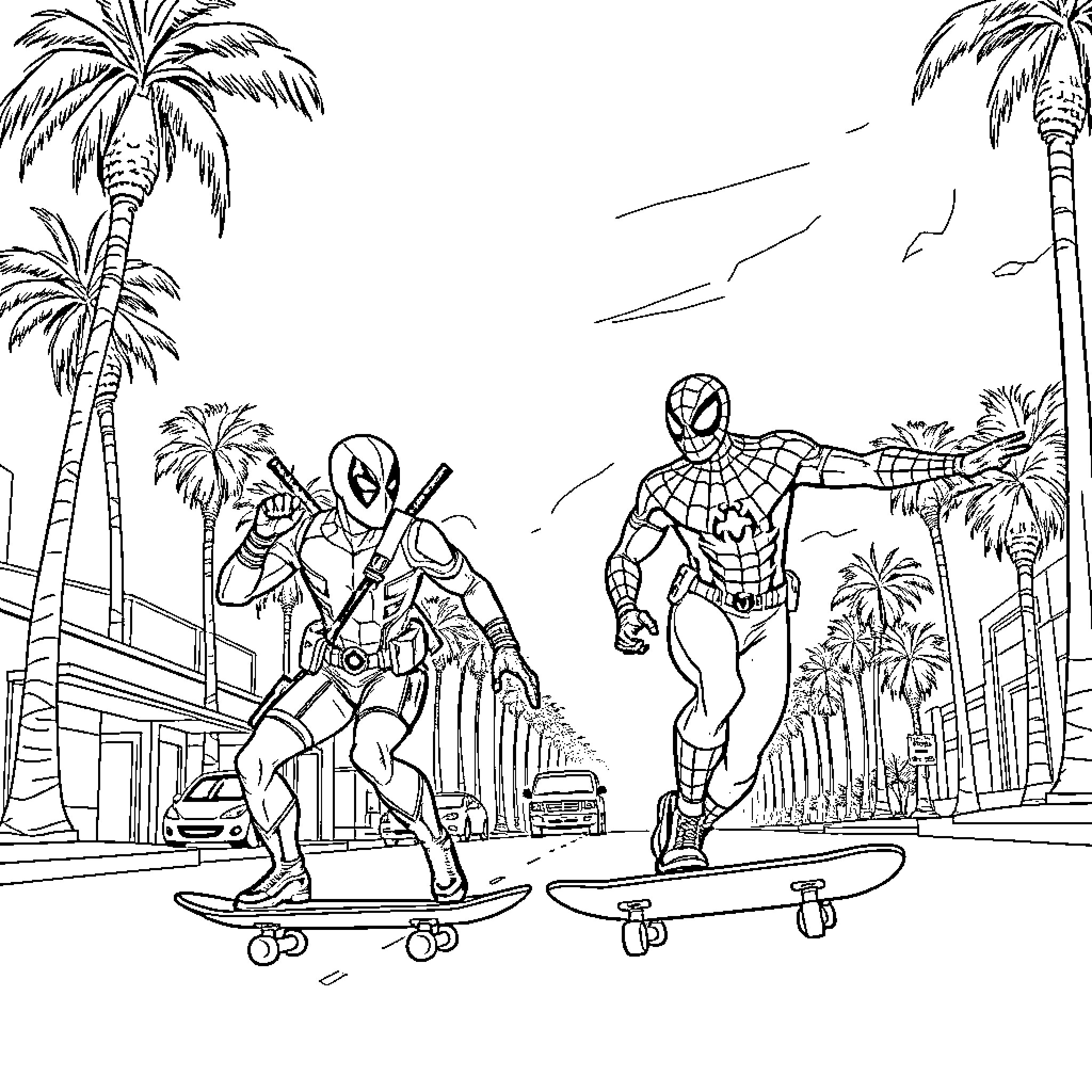 Deadpool and Spider-Man skateboarding through the city Coloring Page (free black-and-white line drawing printable PDF for all, from beginners to advanced learners, including children, teens, adults, and seniors)