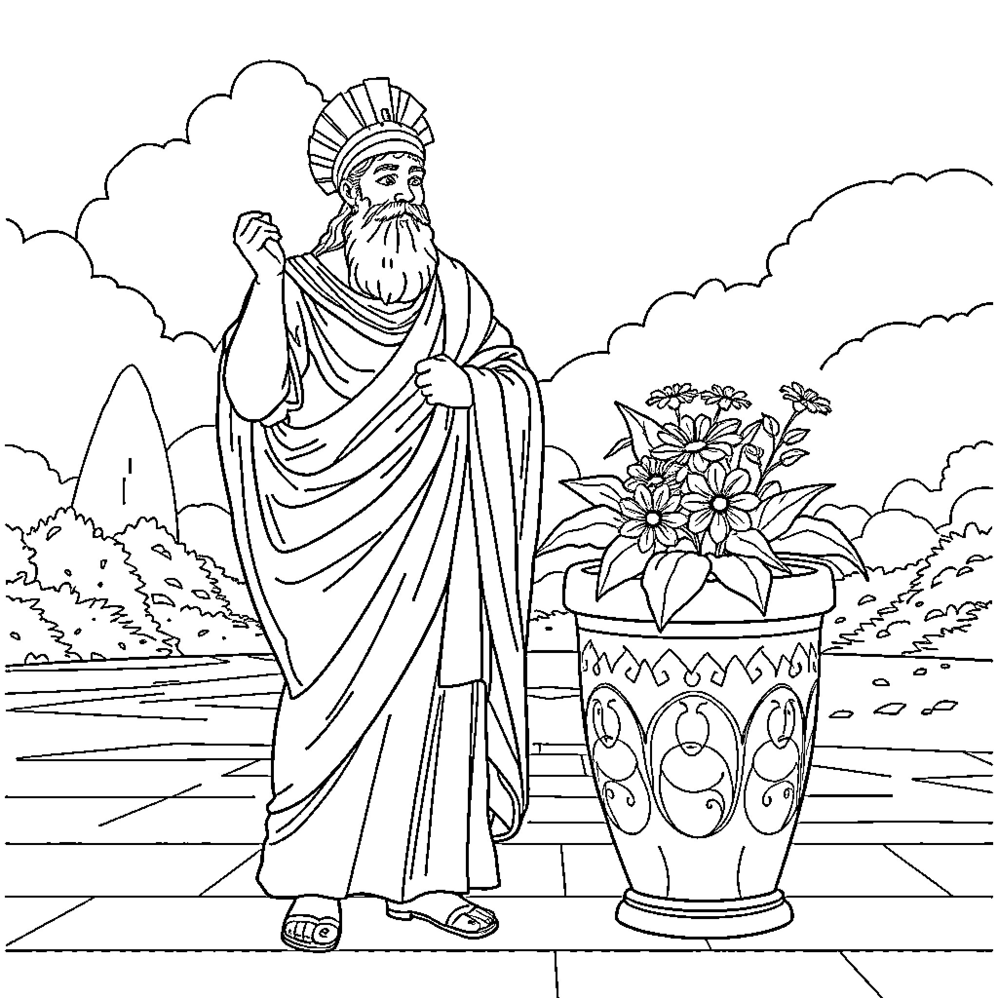Aristophanes' Greek Philosopher in Garden Setting Coloring Page (free black-and-white line drawing printable PDF for all, from beginners to advanced learners, including children, teens, adults, and seniors)
