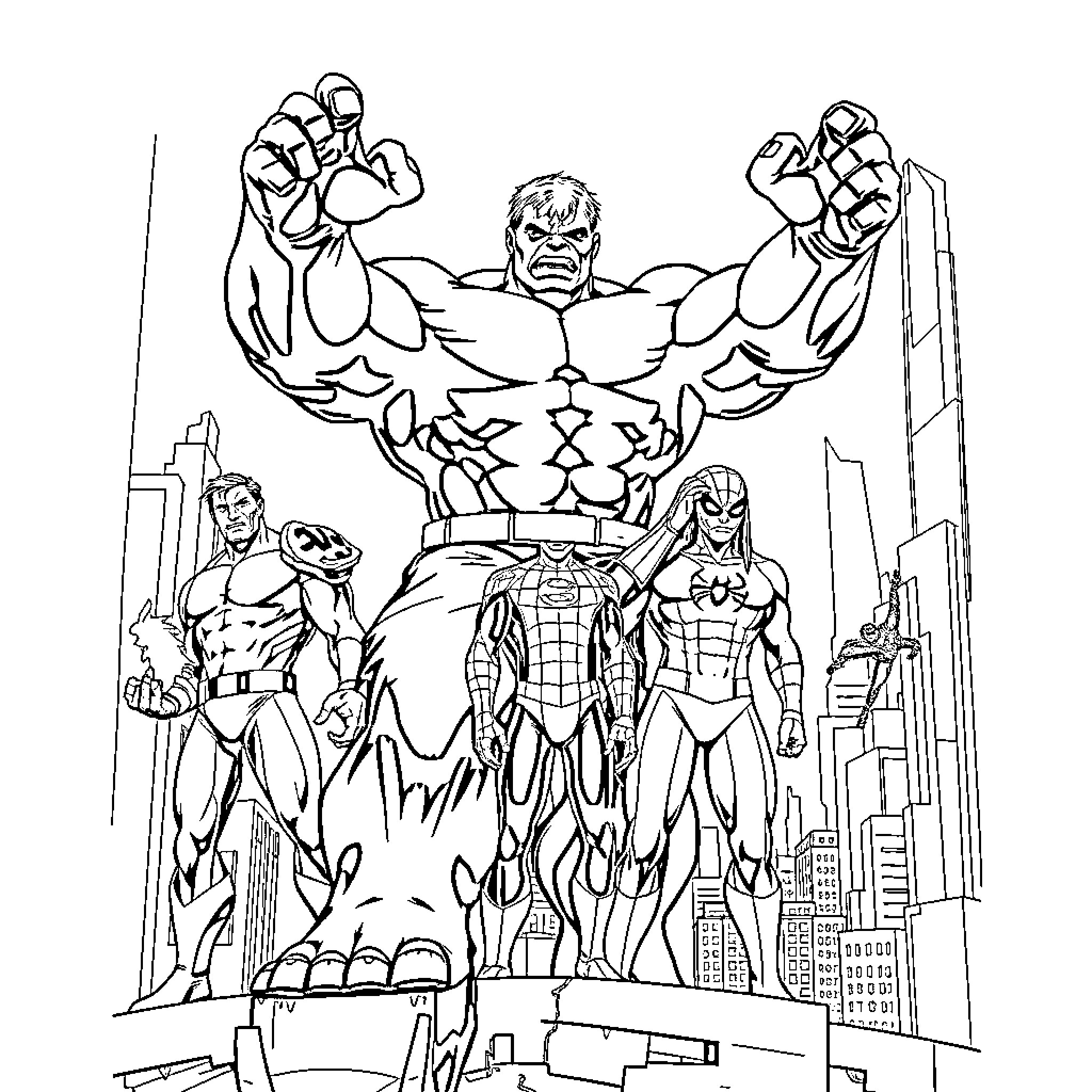 Hulk and Superhero Team Defending the City Coloring Page (free black-and-white line drawing printable PDF for all, from beginners to advanced learners, including children, teens, adults, and seniors)