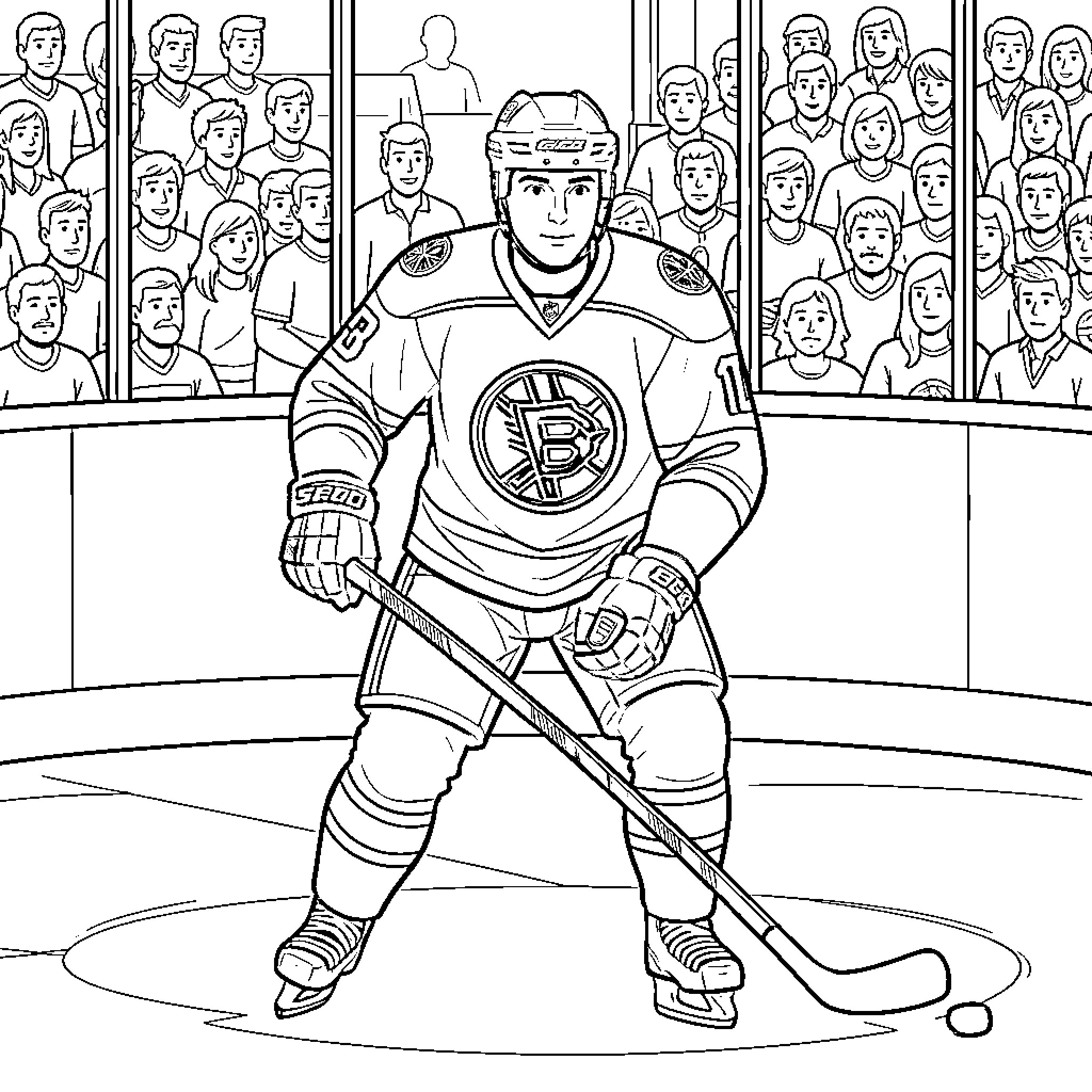 Hockey Player in Game on Ice Rink Coloring Page (free black-and-white line drawing printable PDF for all, from beginners to advanced learners, including children, teens, adults, and seniors)