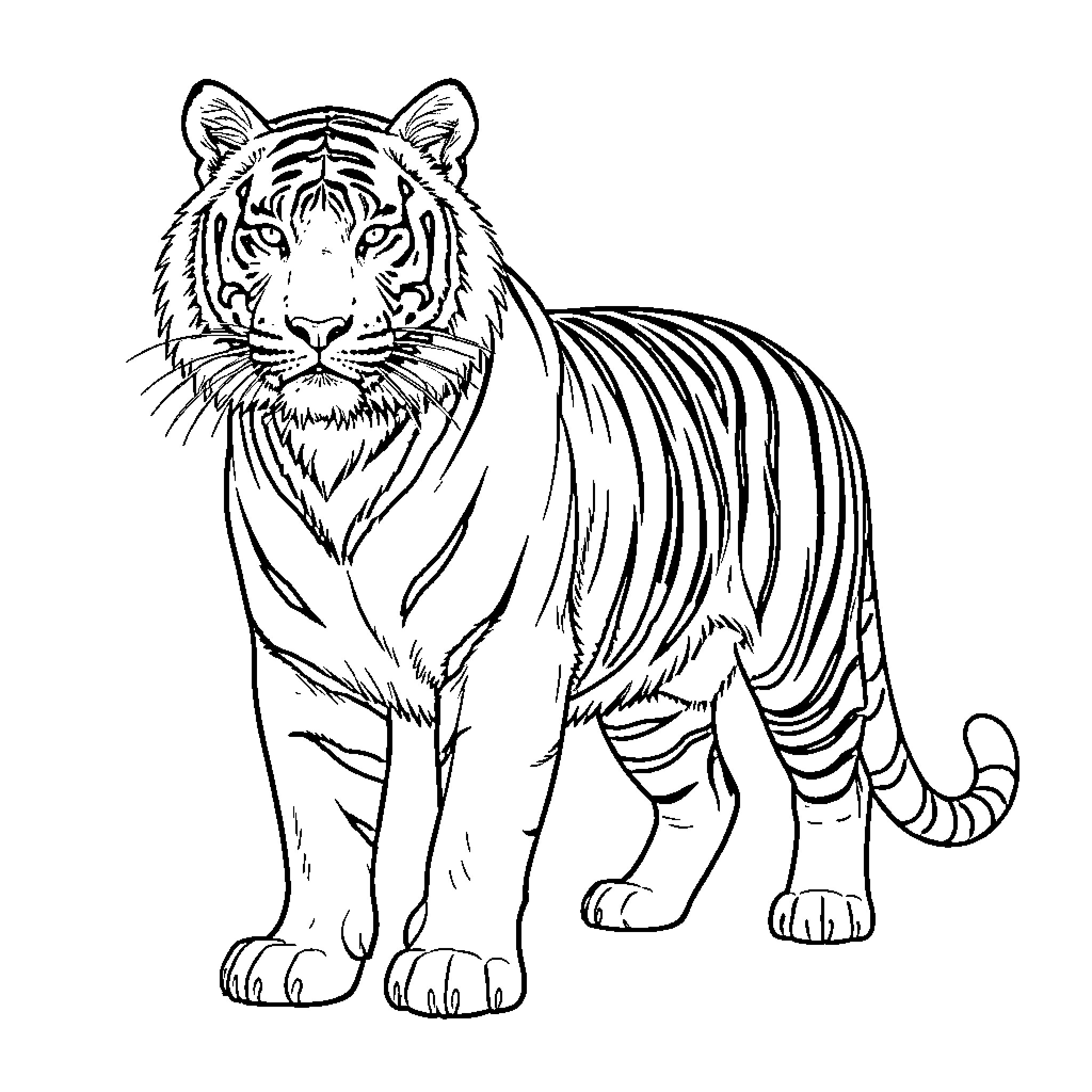 Tiger Standing Tall and Proud Coloring Page (free black-and-white line drawing printable PDF for all, from beginners to advanced learners, including children, teens, adults, and seniors)