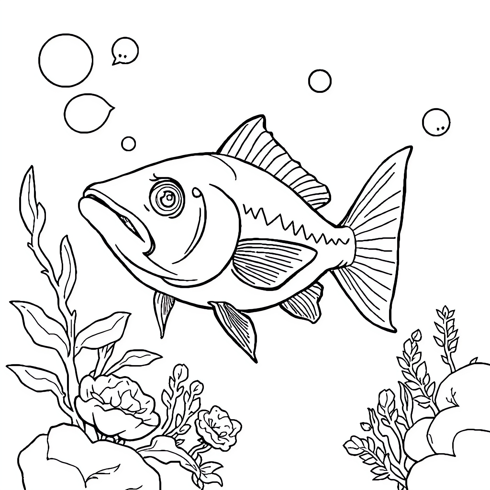Fish swimming amidst underwater plants and bubbles Coloring Page (free black-and-white line drawing printable PDF for all, from beginners to advanced learners, including children, teens, adults, and seniors)