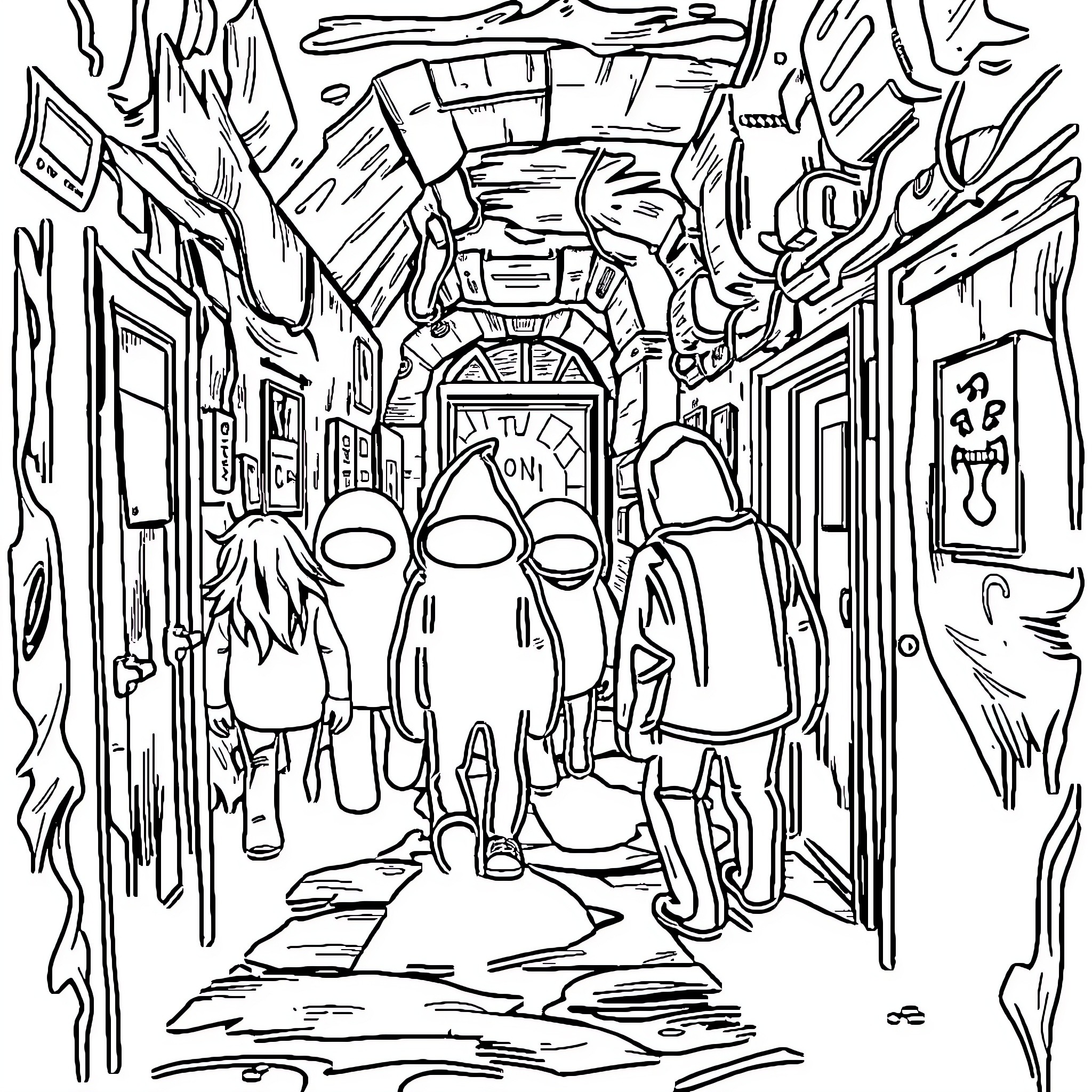 Among Us: Mysterious Figures in the Eerie Hallway Coloring Page (free black-and-white line drawing printable PDF for all, from beginners to advanced learners, including children, teens, adults, and seniors)