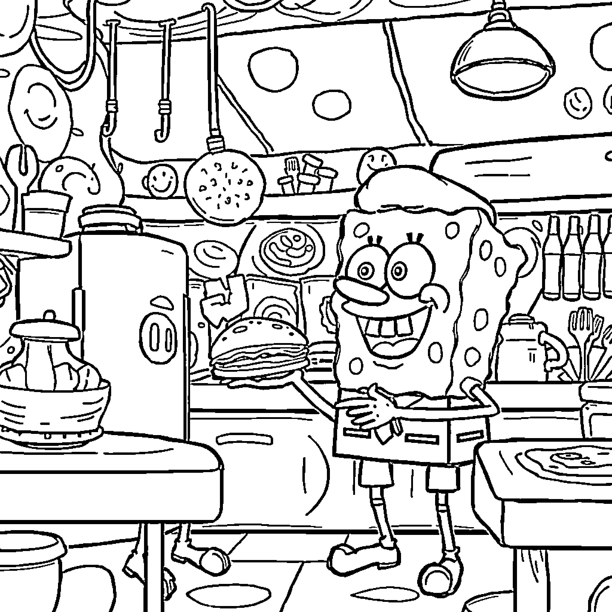 Spongebob in a Silly Kitchen Scene Coloring Page (free black-and-white line drawing printable PDF for all, from beginners to advanced learners, including children, teens, adults, and seniors)