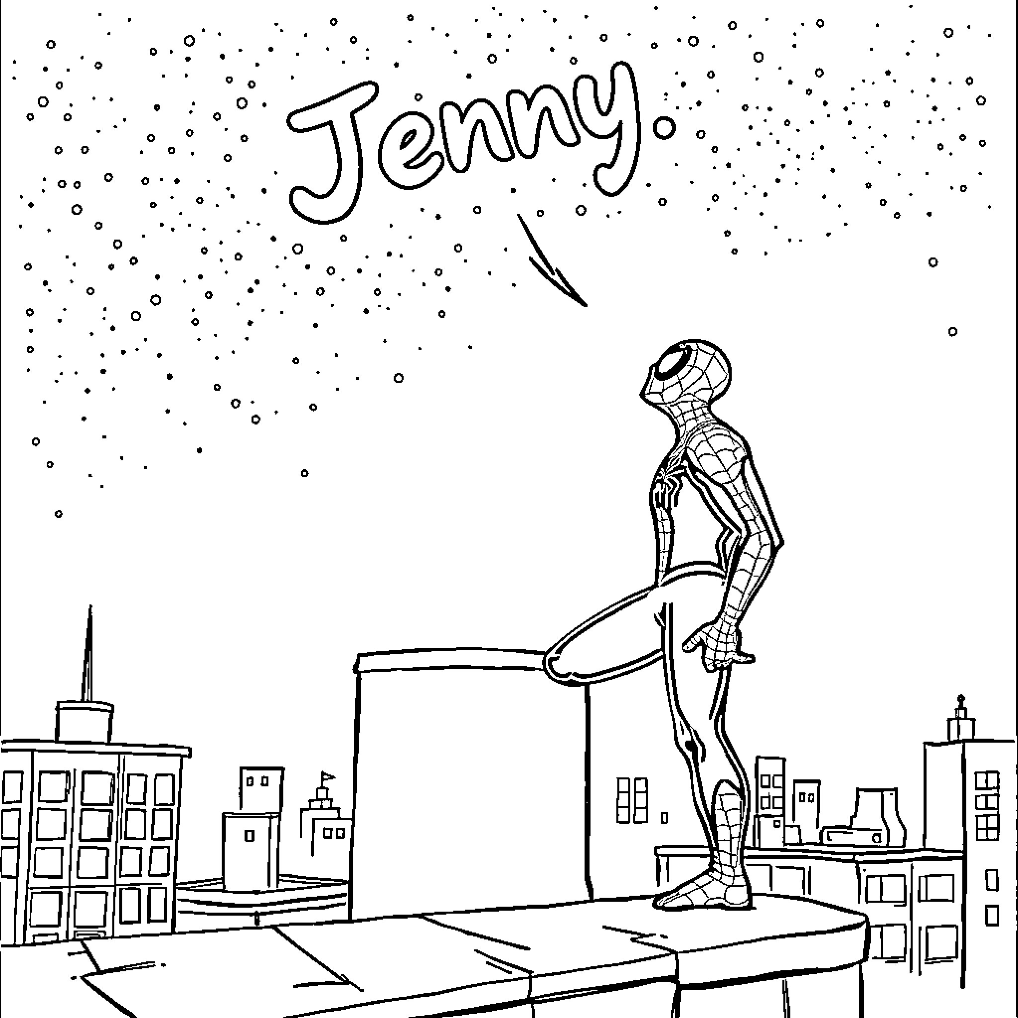 Spiderman striking a pose in the city skyline Coloring Page (free black-and-white line drawing printable PDF for all, from beginners to advanced learners, including children, teens, adults, and seniors)